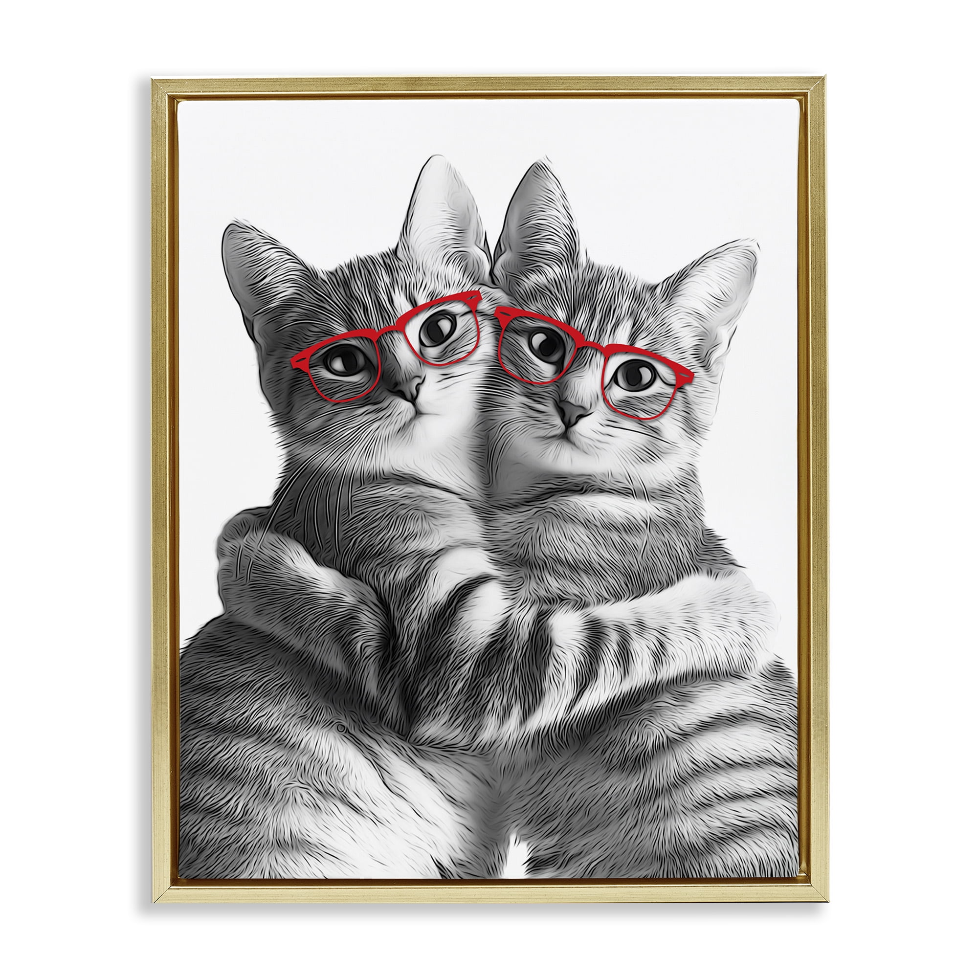 Stupell Industries Cat Pair with Glasses Animals & Insects Painting Gold Floater Framed Art Print Wall Art, 17 x 21