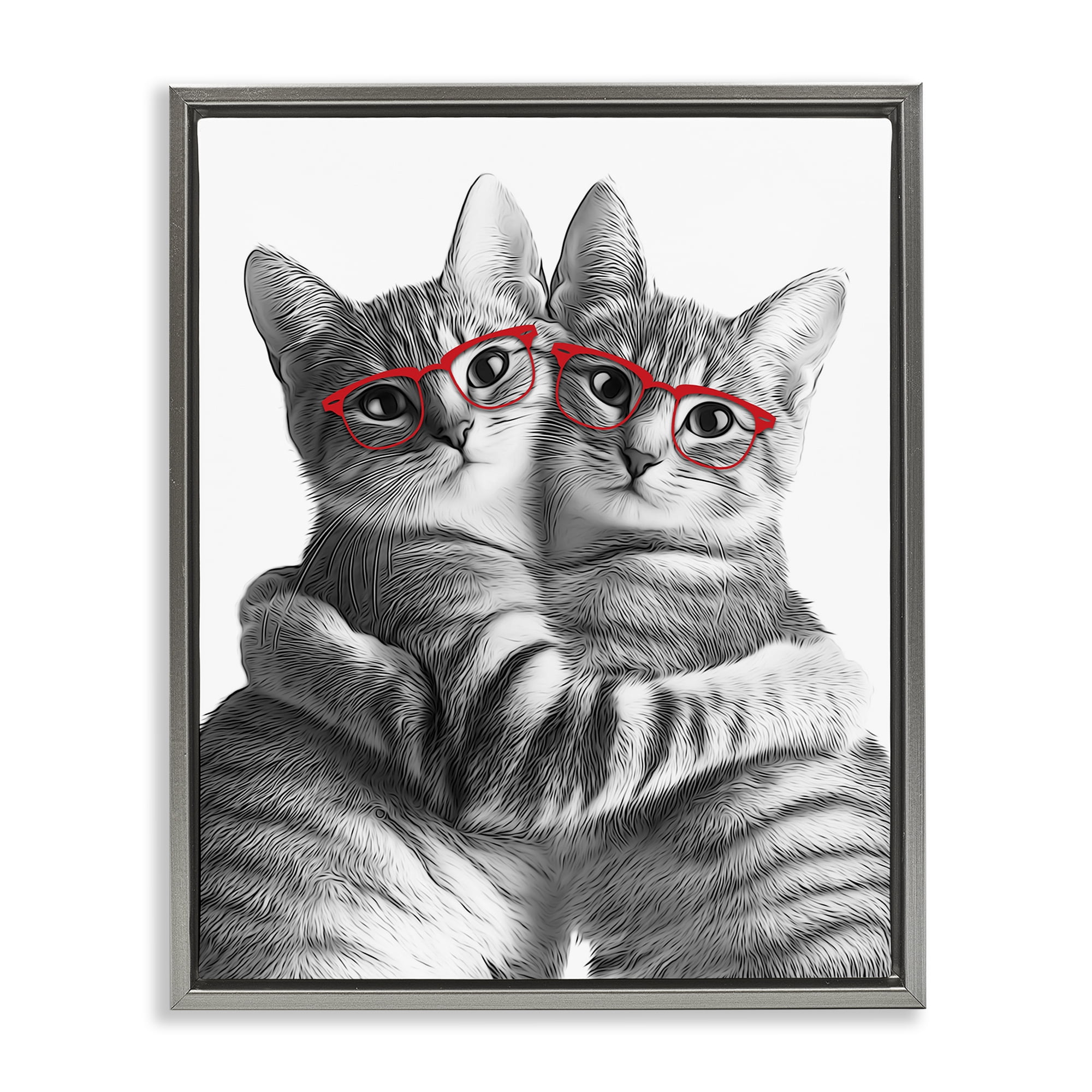Stupell Industries Cat Pair with Glasses Animals & Insects Painting Gray Floater Framed Art Print Wall Art, 17 x 21