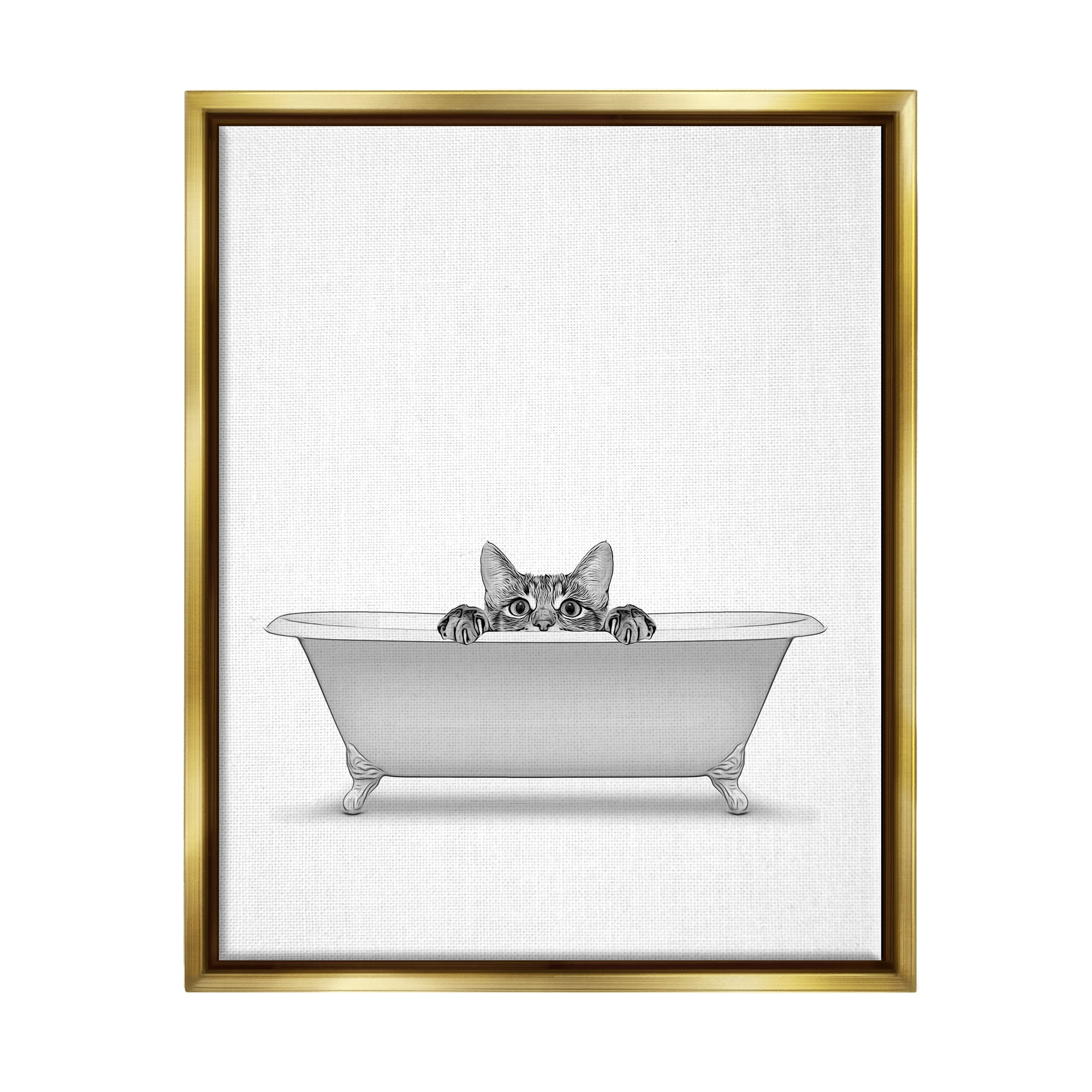 Stupell Industries Cat Peeking Bathroom Tub Animals & Insects Painting Gold Floater Framed Art Print Wall Art