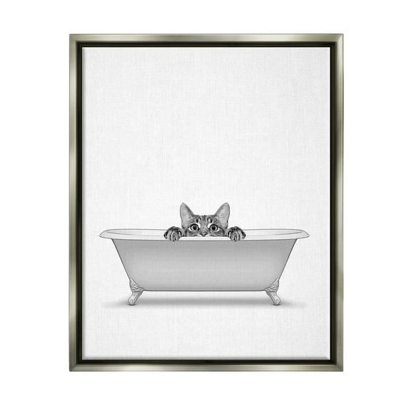 Stupell Industries Cat Peeking Bathroom Tub Animals & Insects Painting Gray Floater Framed Art Print Wall Art