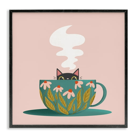 Stupell Industries Cat Peeking Over Teacup Animals Painting Black Framed Art Print Wall Art, 12 x 12