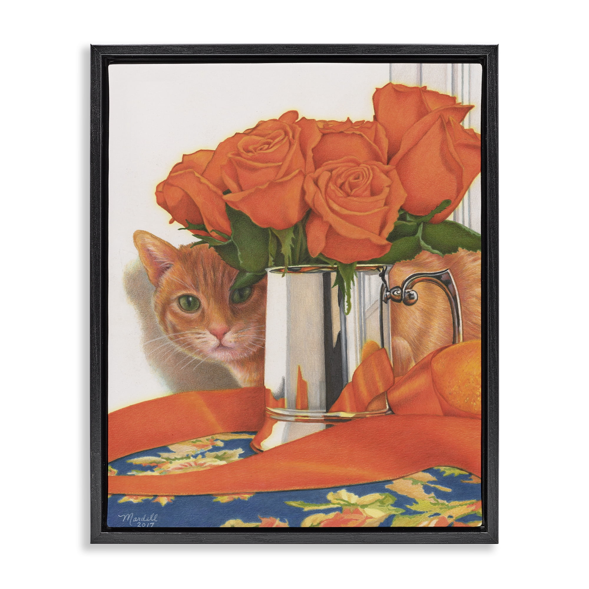 Stupell Industries Cat Peeking Rose Bouquet Animals & Insects Painting Black Floater Framed Canvas Art Print Wall Art, 17 x 21