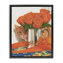 Stupell Industries Cat Peeking Rose Bouquet Animals & Insects Painting Black Floater Framed Canvas Art Print Wall Art, 17 x 21