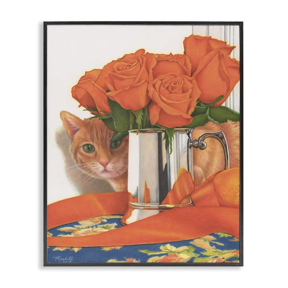 Stupell Industries Cat Peeking Rose Bouquet Animals & Insects Painting Black Framed Art Print Wall Art, 24 x 30