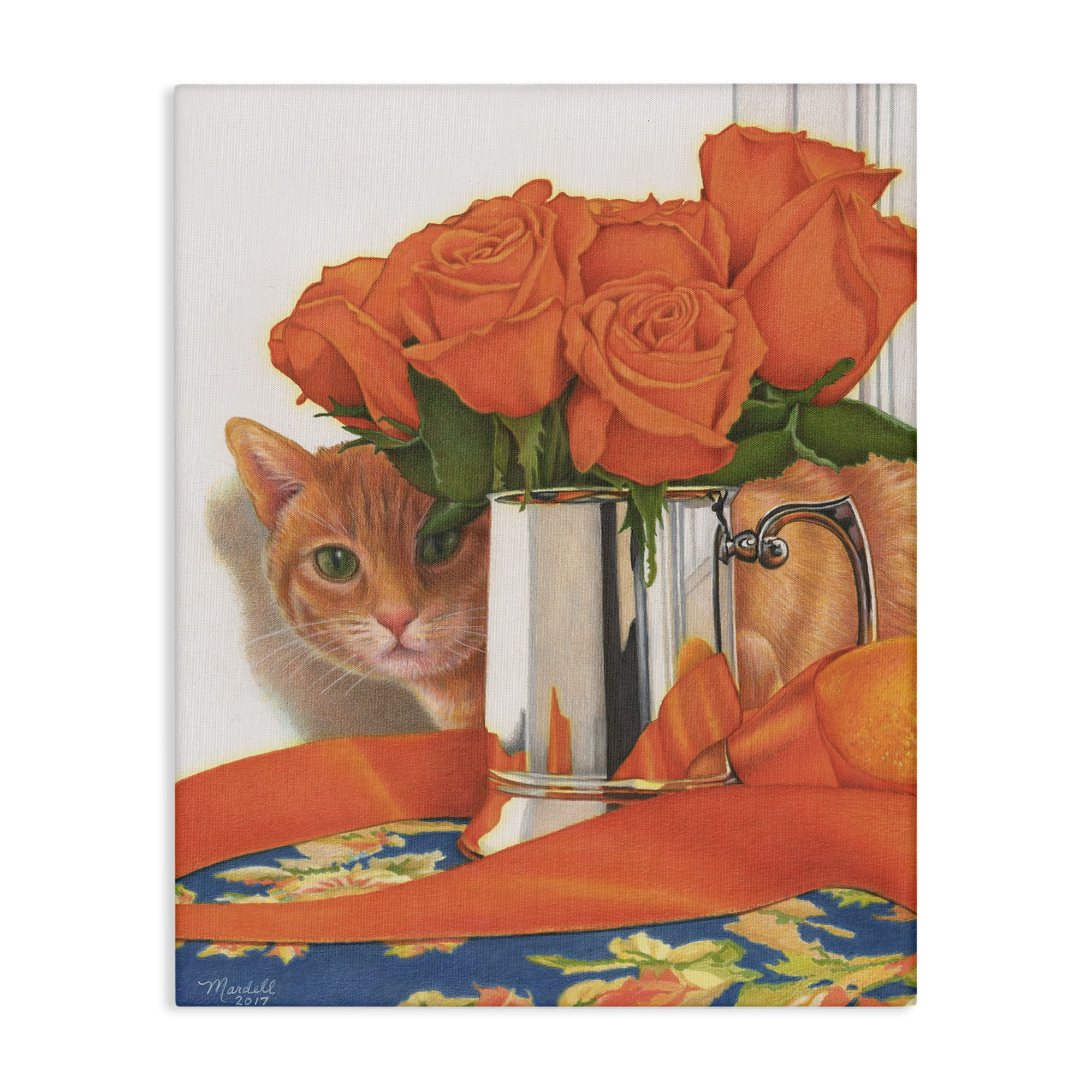 Stupell Industries Cat Peeking Rose Bouquet Animals & Insects Painting Gallery Wrapped Canvas Art Print Wall Art, 36 x 48