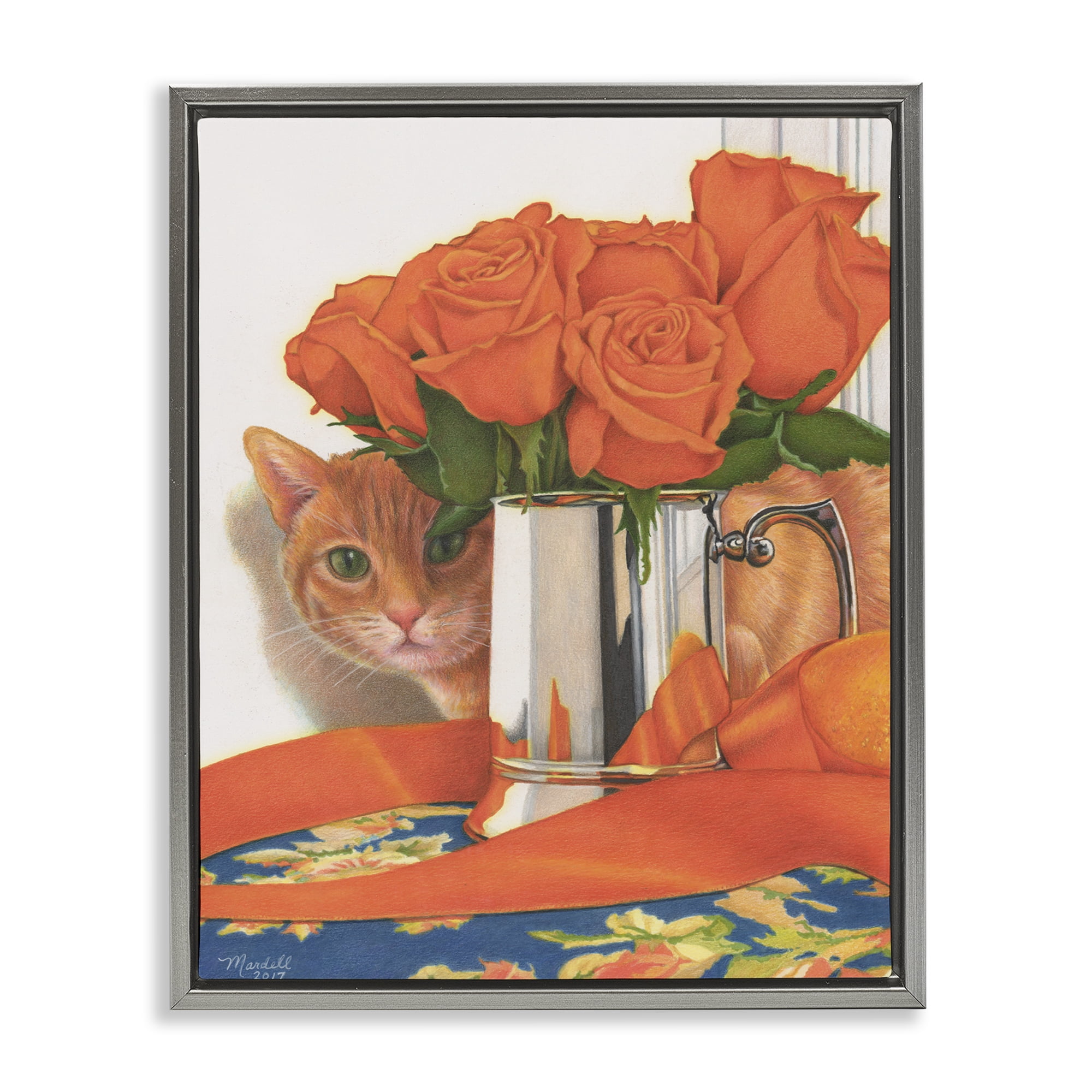 Stupell Industries Cat Peeking Rose Bouquet Animals & Insects Painting Gray Floater Framed Canvas Art Print Wall Art, 17 x 21