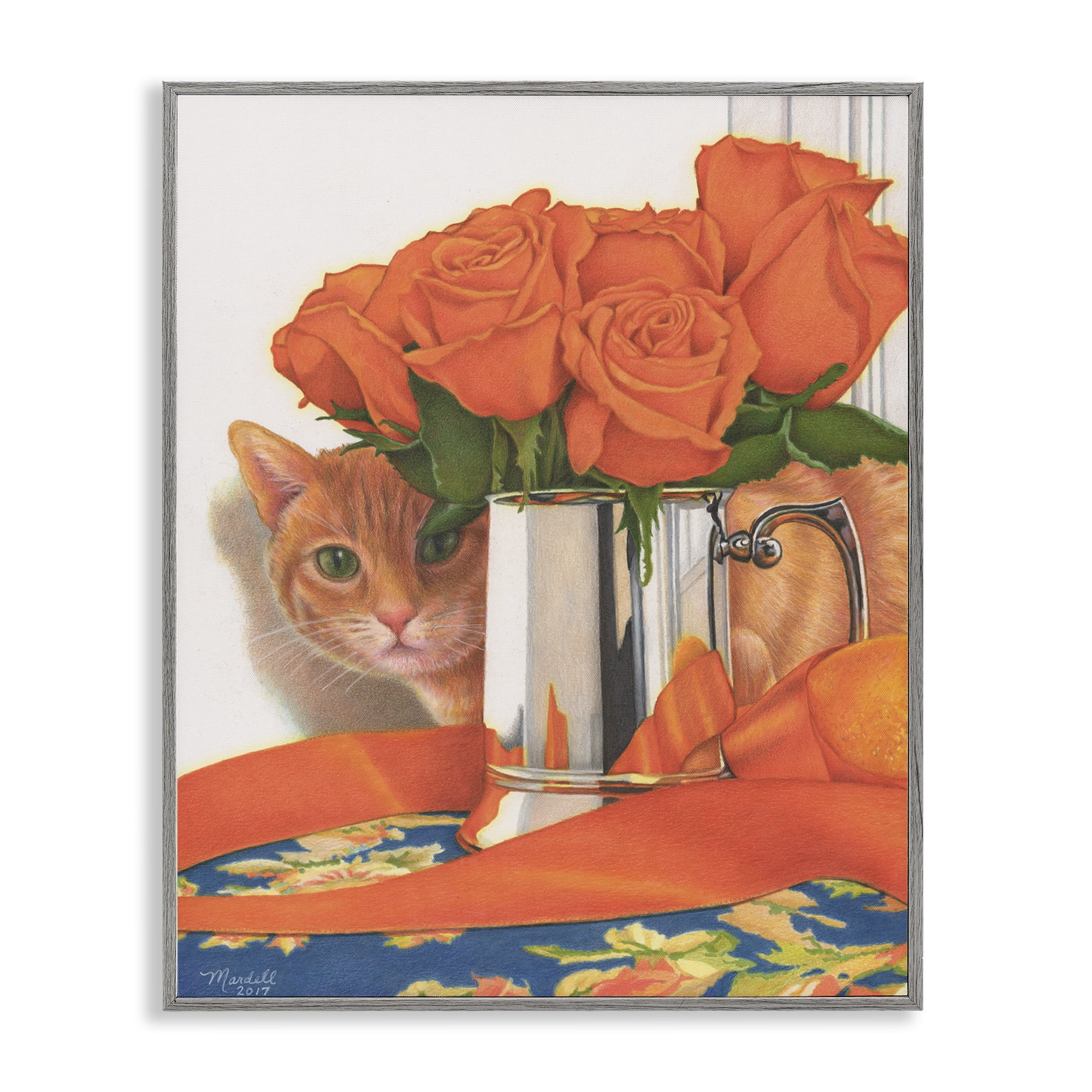 Stupell Industries Cat Peeking Rose Bouquet Animals & Insects Painting Gray Framed Art Print Wall Art, 24 x 30