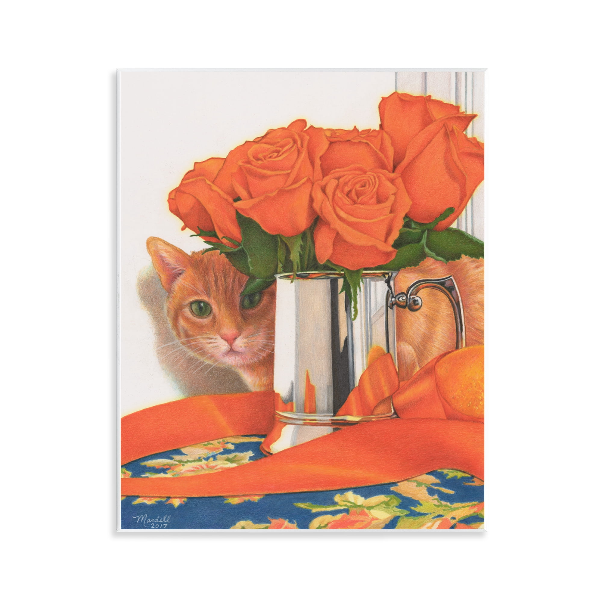 Stupell Industries Cat Peeking Rose Bouquet Animals & Insects Painting Unframed Art Print Wall Art, 11 x 14