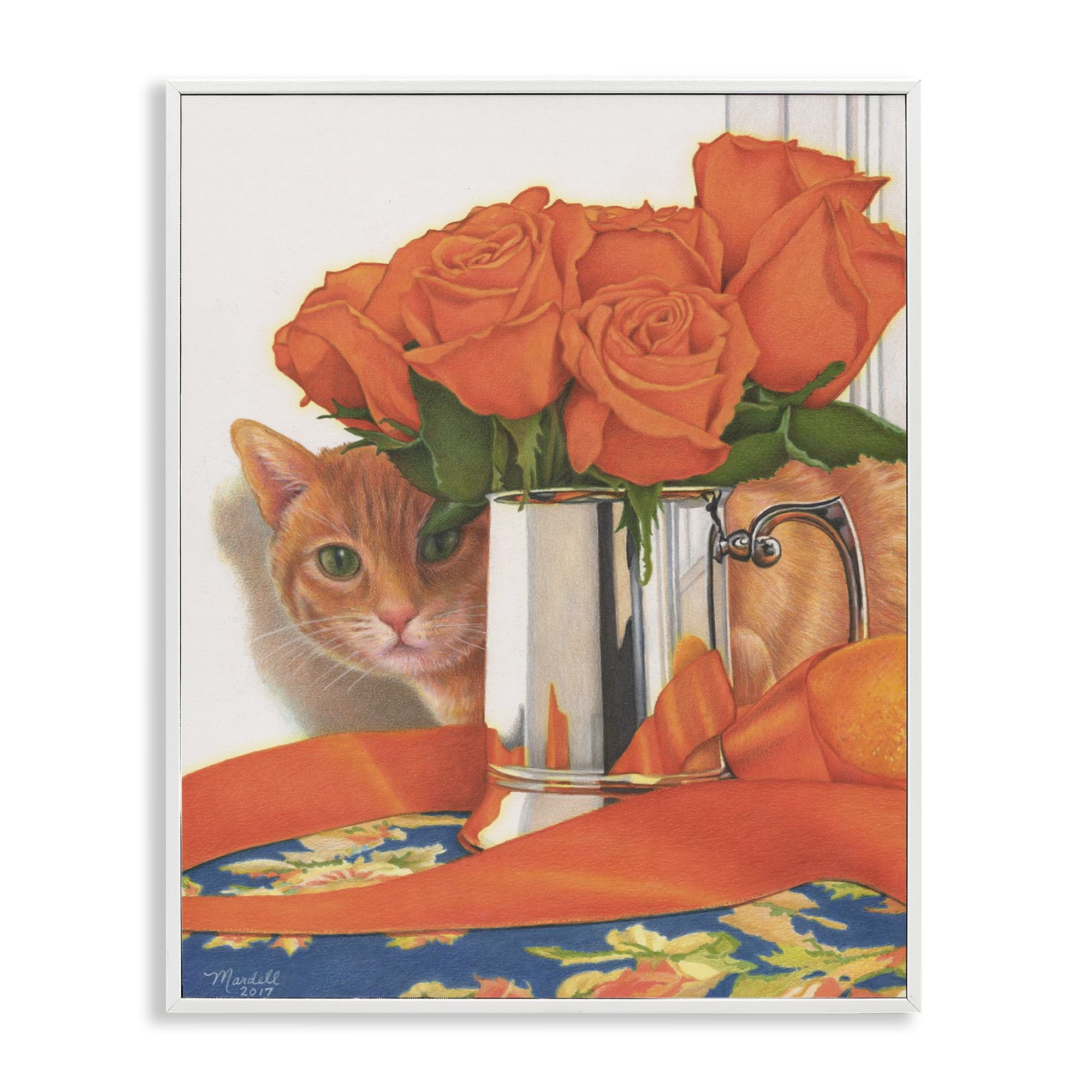 Stupell Industries Cat Peeking Rose Bouquet Animals & Insects Painting White Framed Art Print Wall Art, 11 x 14