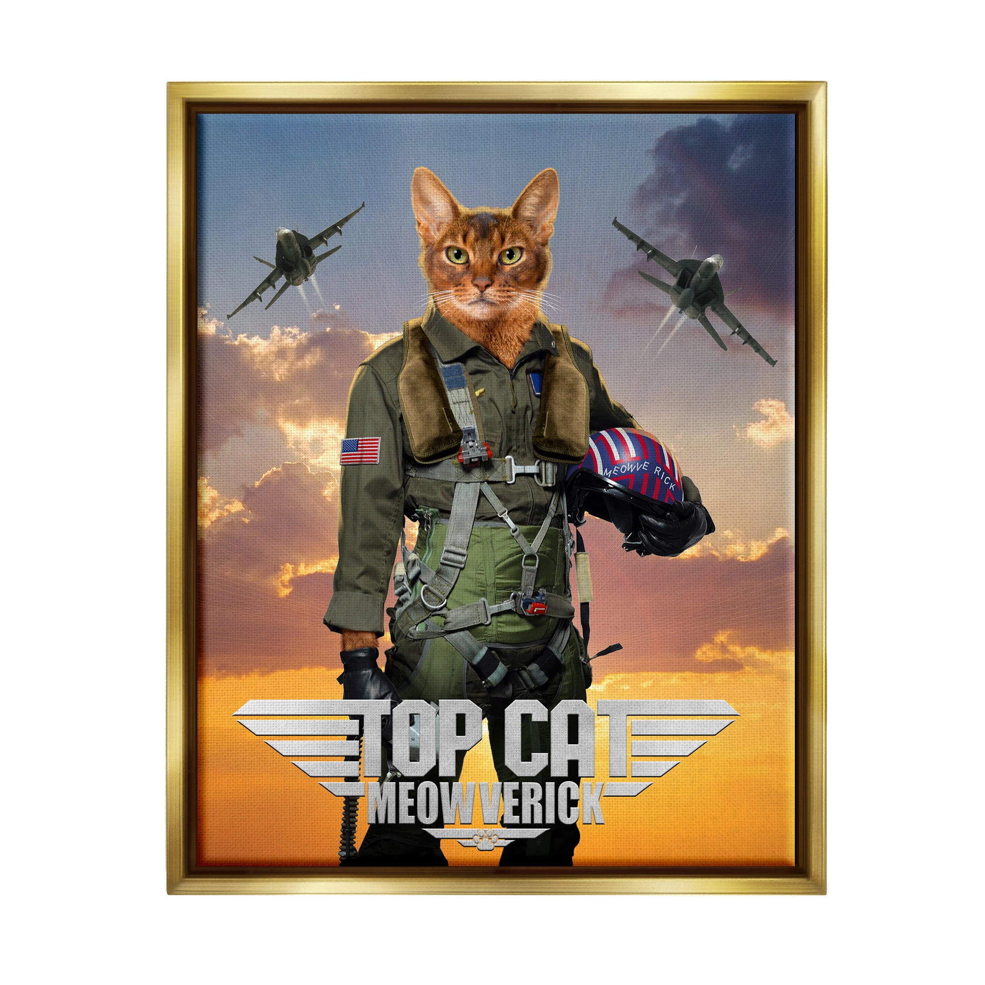 Stupell Industries Cat Pilot & Aircraft Animals & Insects Painting Gold Floater Framed Canvas Art Print Wall Art, 17 x 21