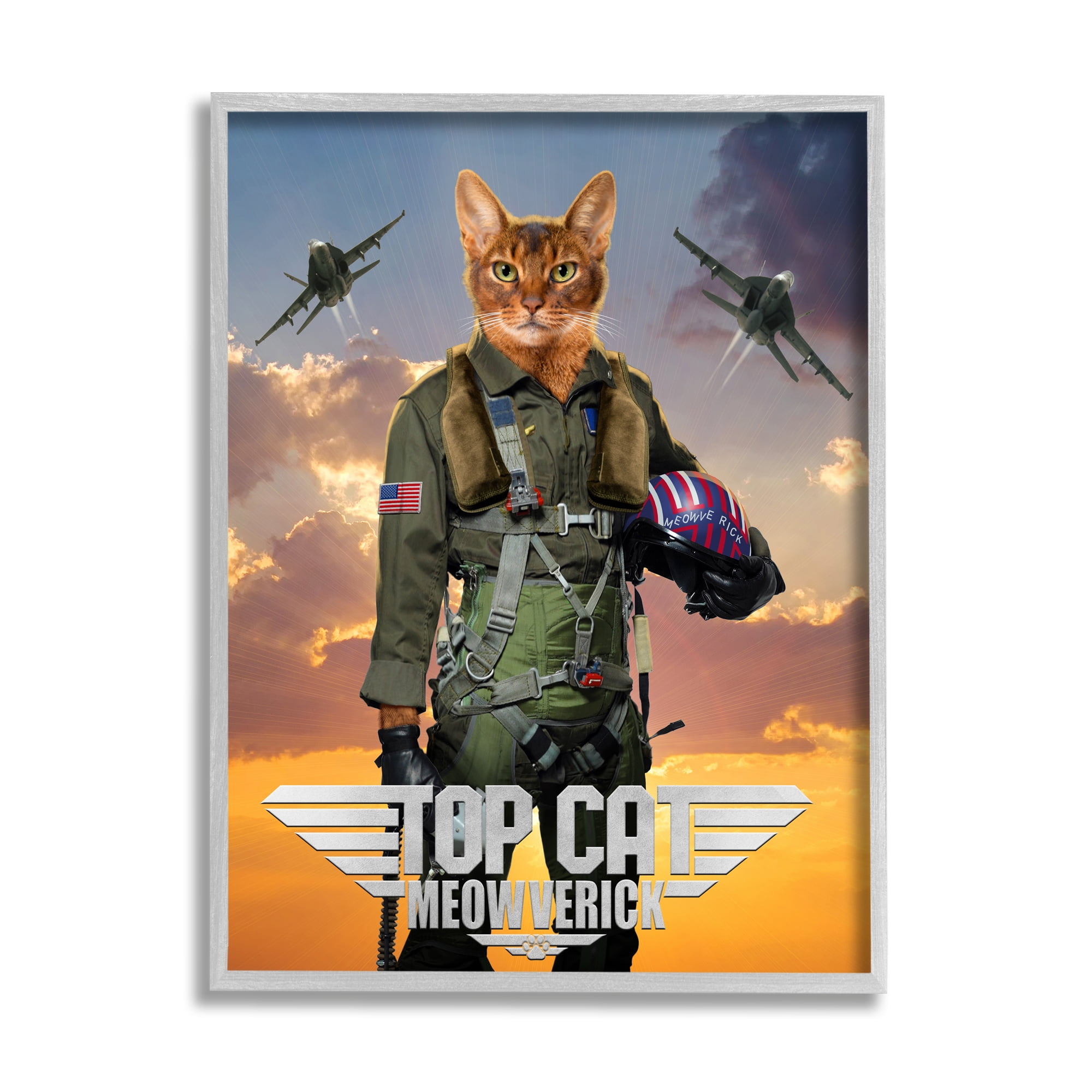 Stupell Industries Cat Pilot & Aircraft Animals & Insects Painting Gray Framed Art Print Wall Art, 11 x 14