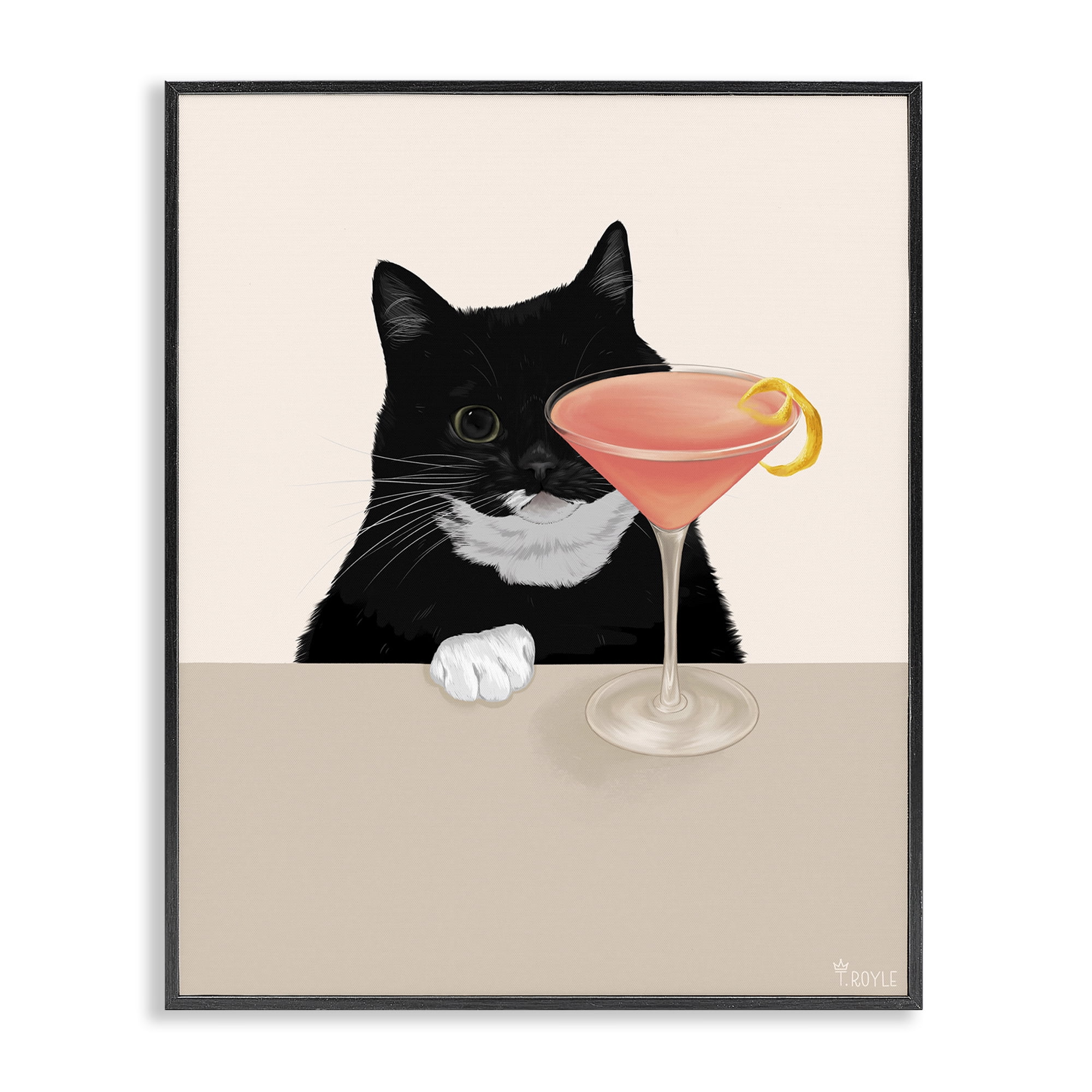 Stupell Industries Cat & Pink Cocktail Food & Beverage Painting Black Framed Art Print Wall Art, 11 x 14