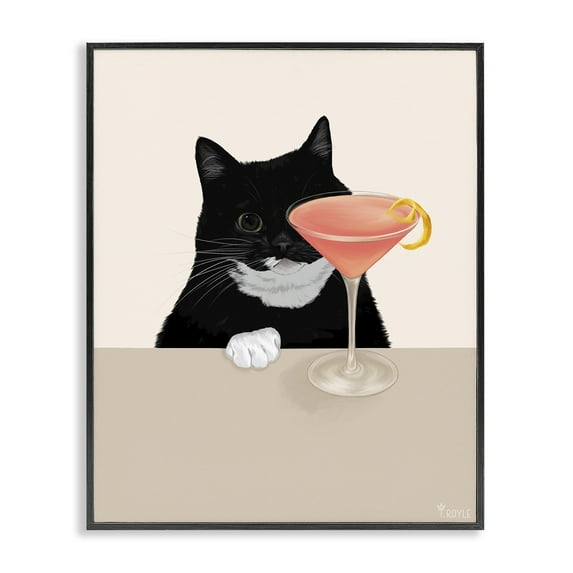Stupell Industries Cat & Pink Cocktail Food & Beverage Painting Black Framed Art Print Wall Art, 24 x 30