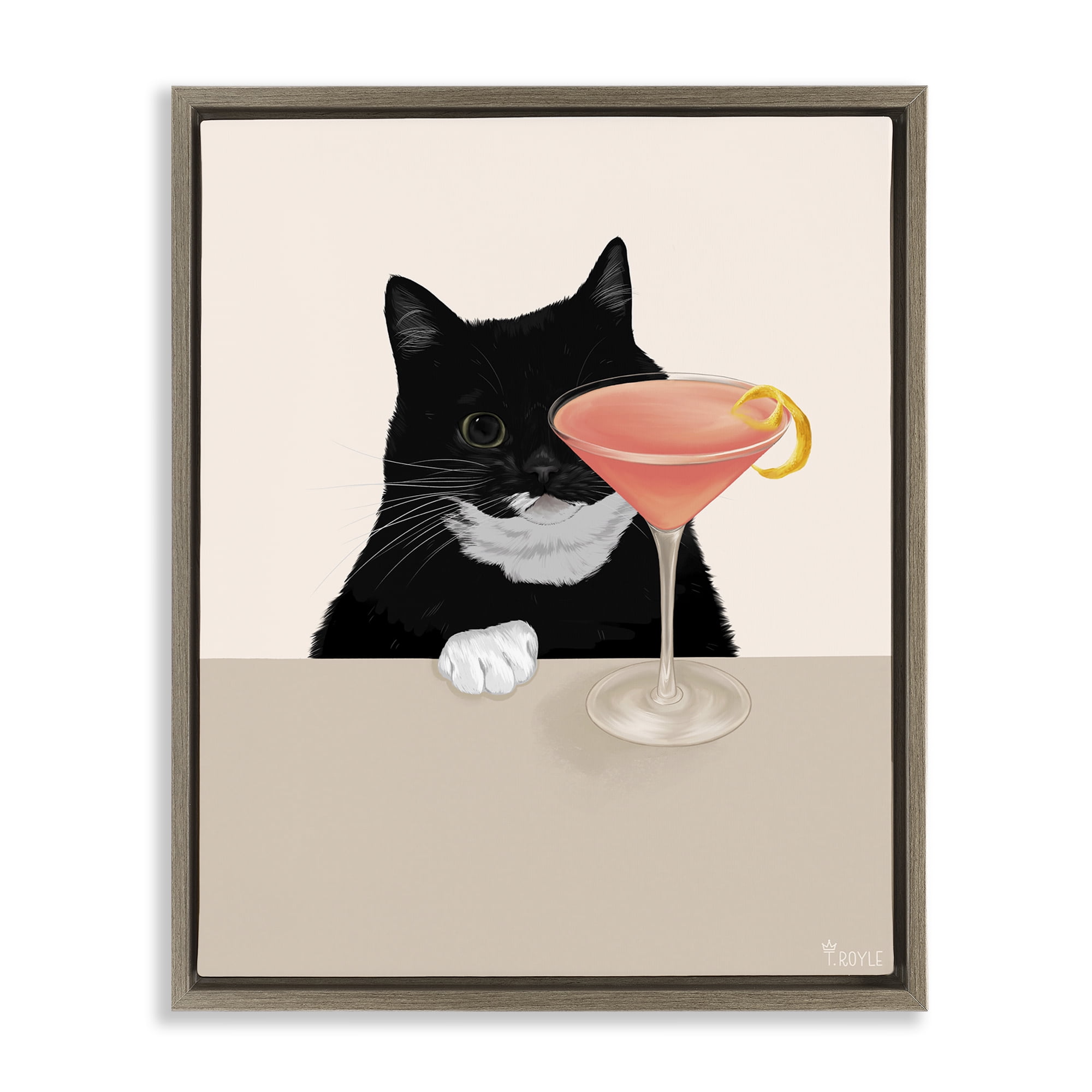 Stupell Industries Cat & Pink Cocktail Food & Beverage Painting Brown Floater Framed Art Print Wall Art, 17 x 21