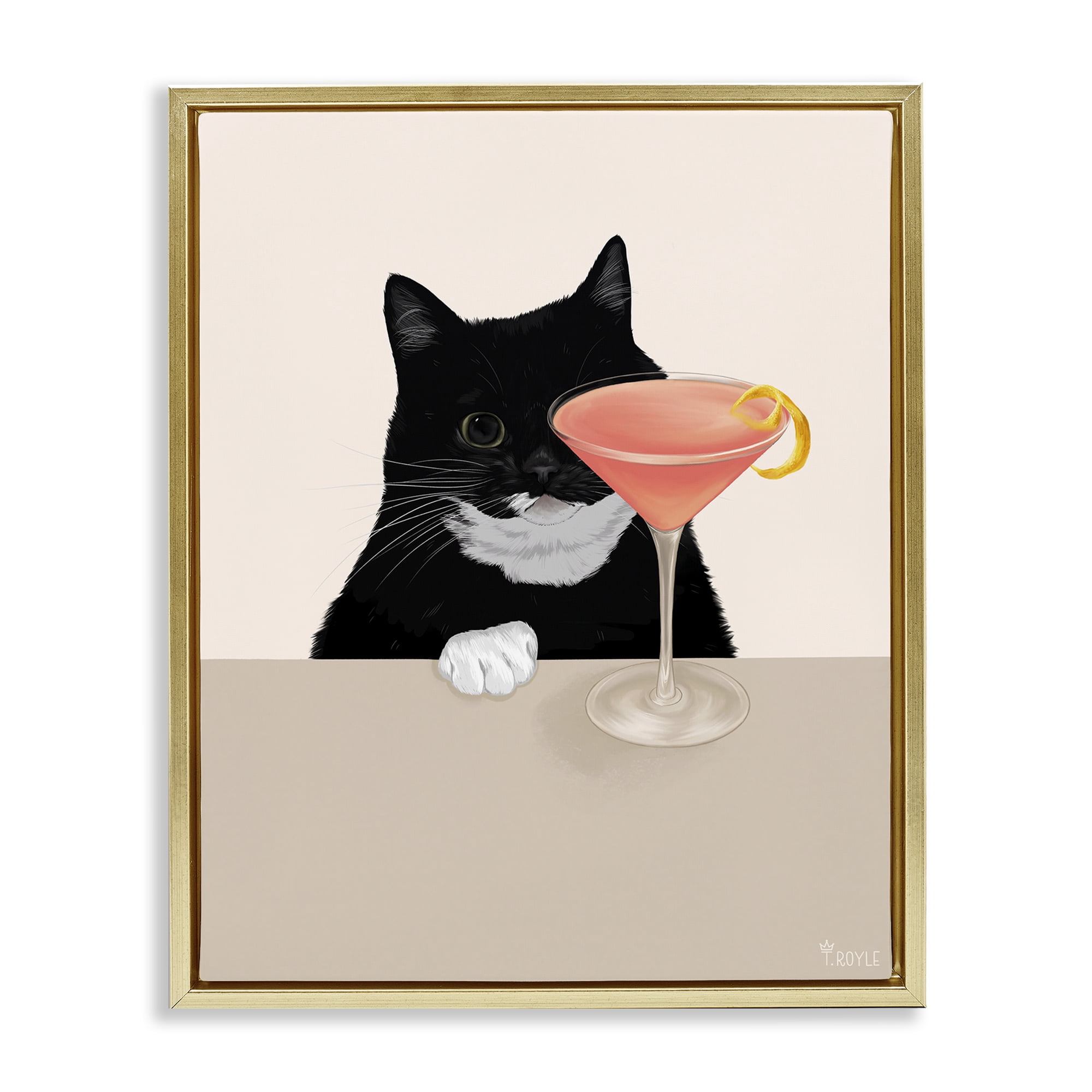 Stupell Industries Cat & Pink Cocktail Food & Beverage Painting Gold Floater Framed Art Print Wall Art, 25 x 31