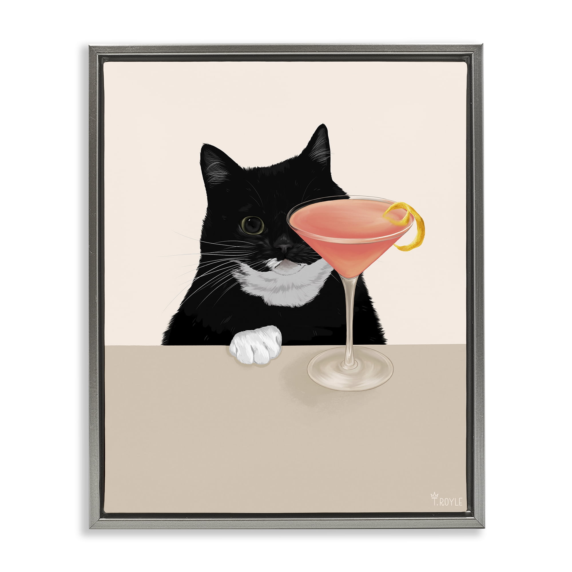 Stupell Industries Cat & Pink Cocktail Food & Beverage Painting Gray Floater Framed Art Print Wall Art, 17 x 21