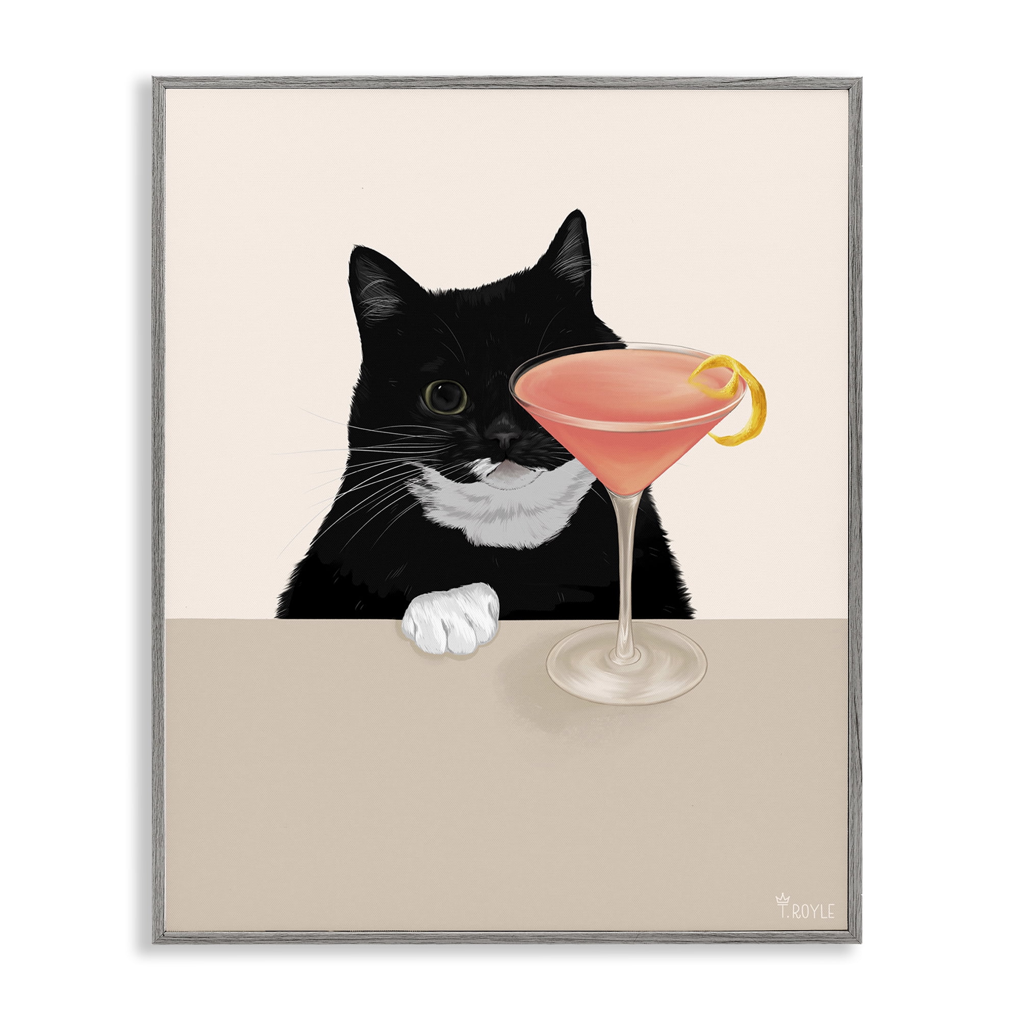 Stupell Industries Cat & Pink Cocktail Food & Beverage Painting Gray Framed Art Print Wall Art, 24 x 30