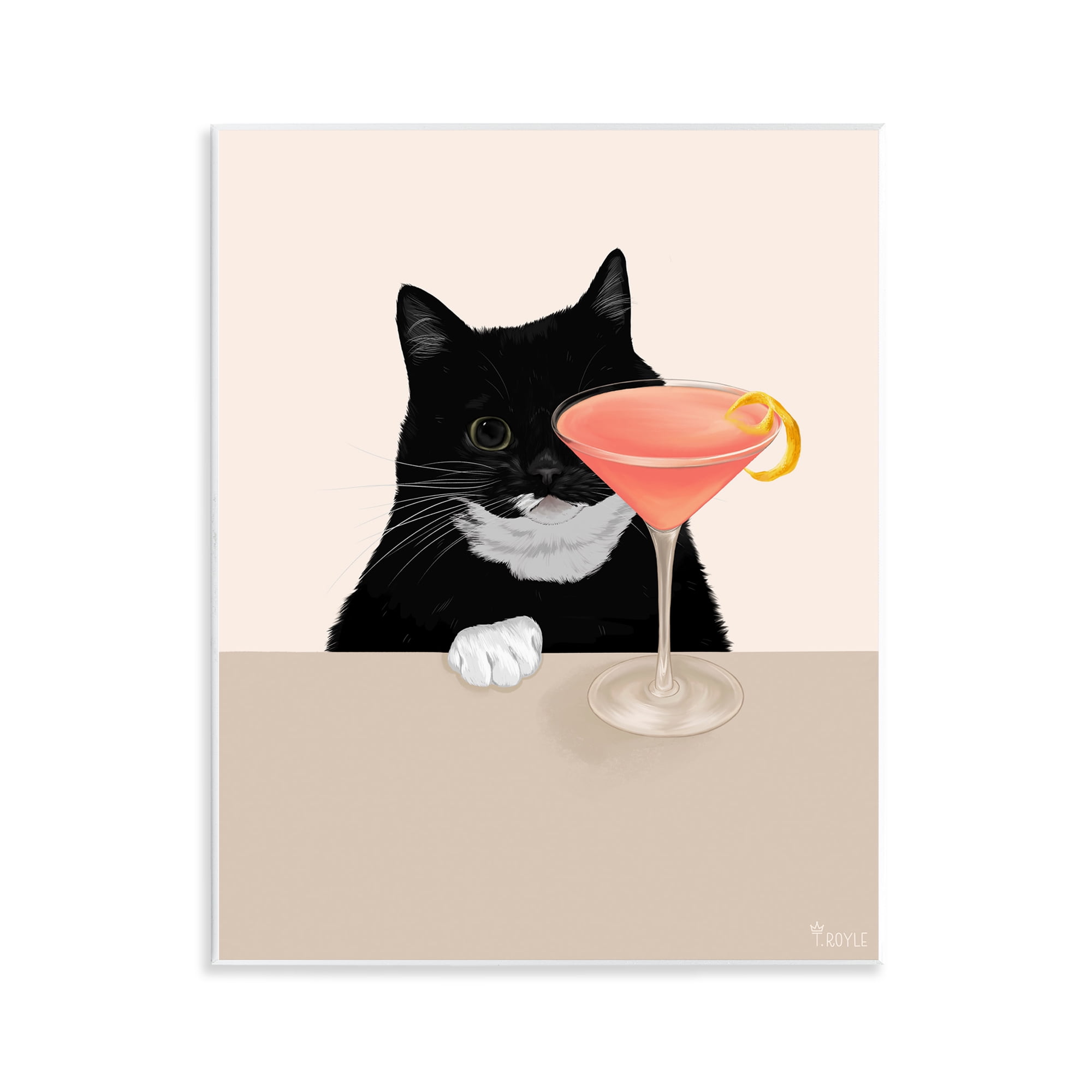 Stupell Industries Cat & Pink Cocktail Food & Beverage Painting Unframed Art Print Wall Art, 11 x 14