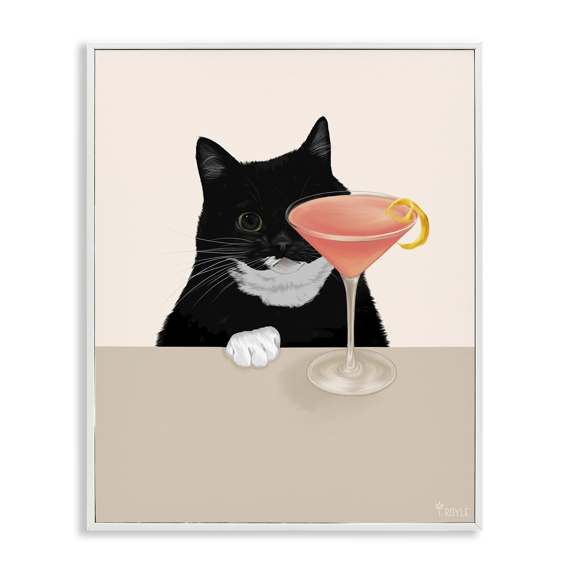 Stupell Industries Cat & Pink Cocktail Food & Beverage Painting White Framed Art Print Wall Art, 24 x 30