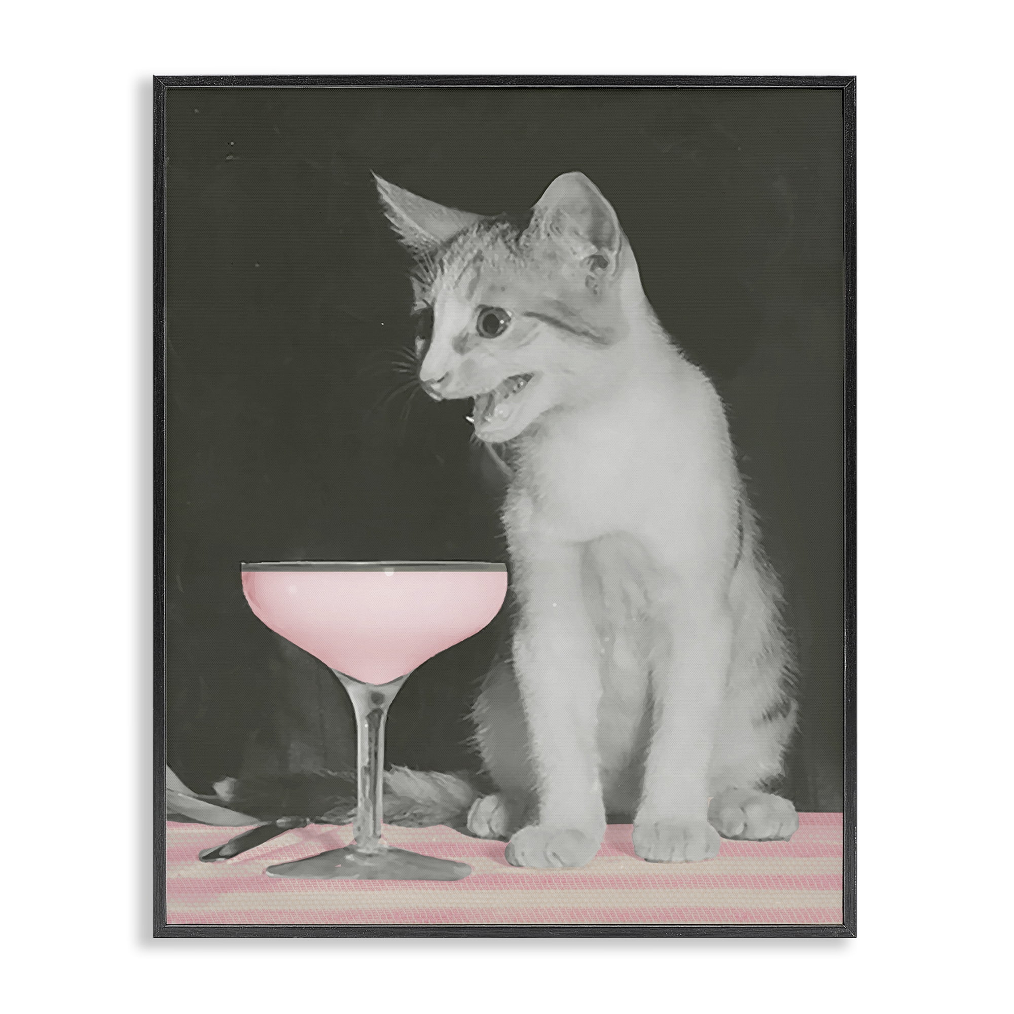 Stupell Industries Cat & Pink Drink Food & Beverage Painting Black Framed Art Print Wall Art, 24 x 30
