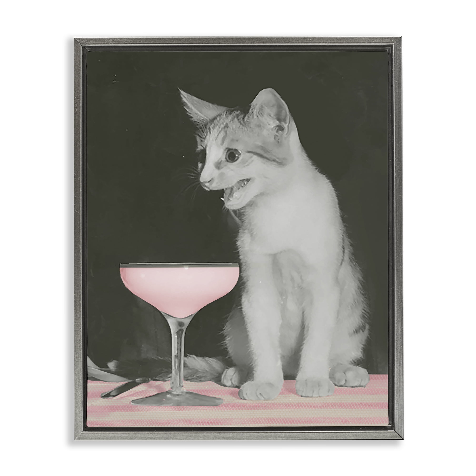 Stupell Industries Cat & Pink Drink Food & Beverage Painting Gray Floater Framed Canvas Art Print Wall Art, 17 x 21