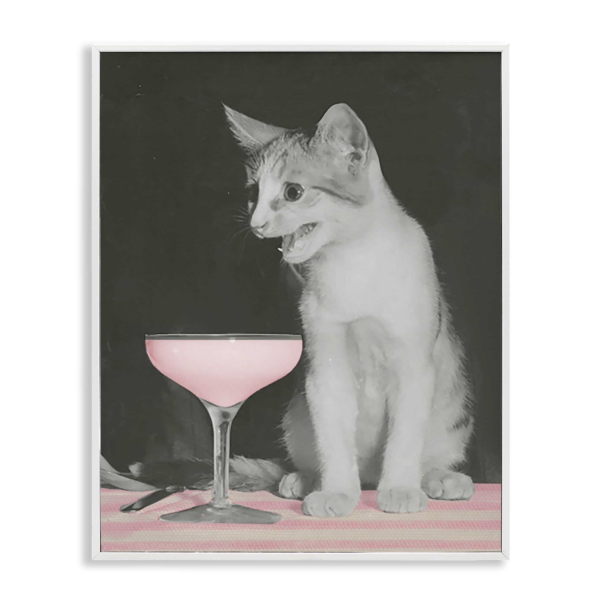 Stupell Industries Cat & Pink Drink Food & Beverage Painting White Framed Art Print Wall Art, 11 x 14