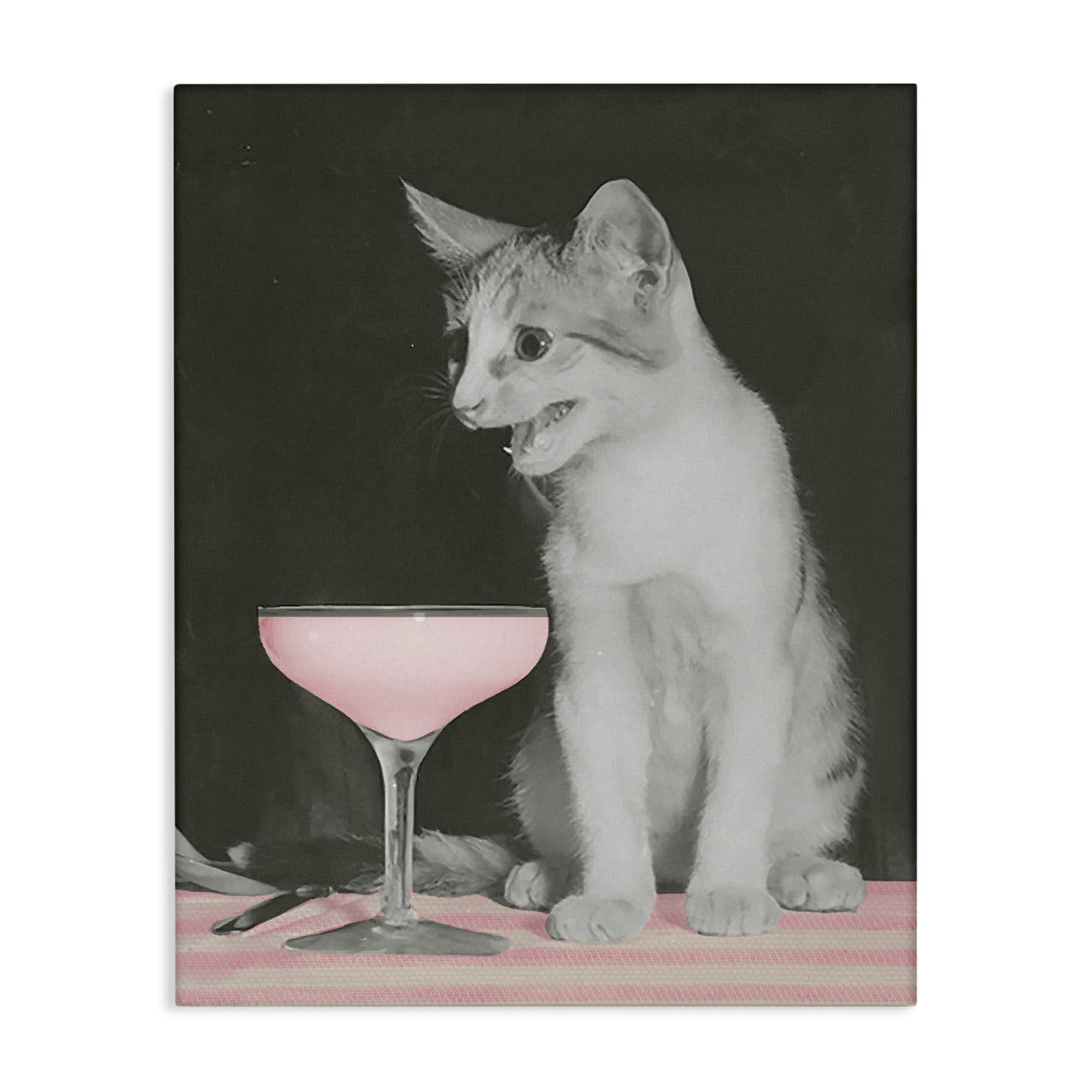 Stupell Industries Cat & Pink Drink Food & Beverage Painting Wrapped Canvas Art Print Wall Art, 36 x 48