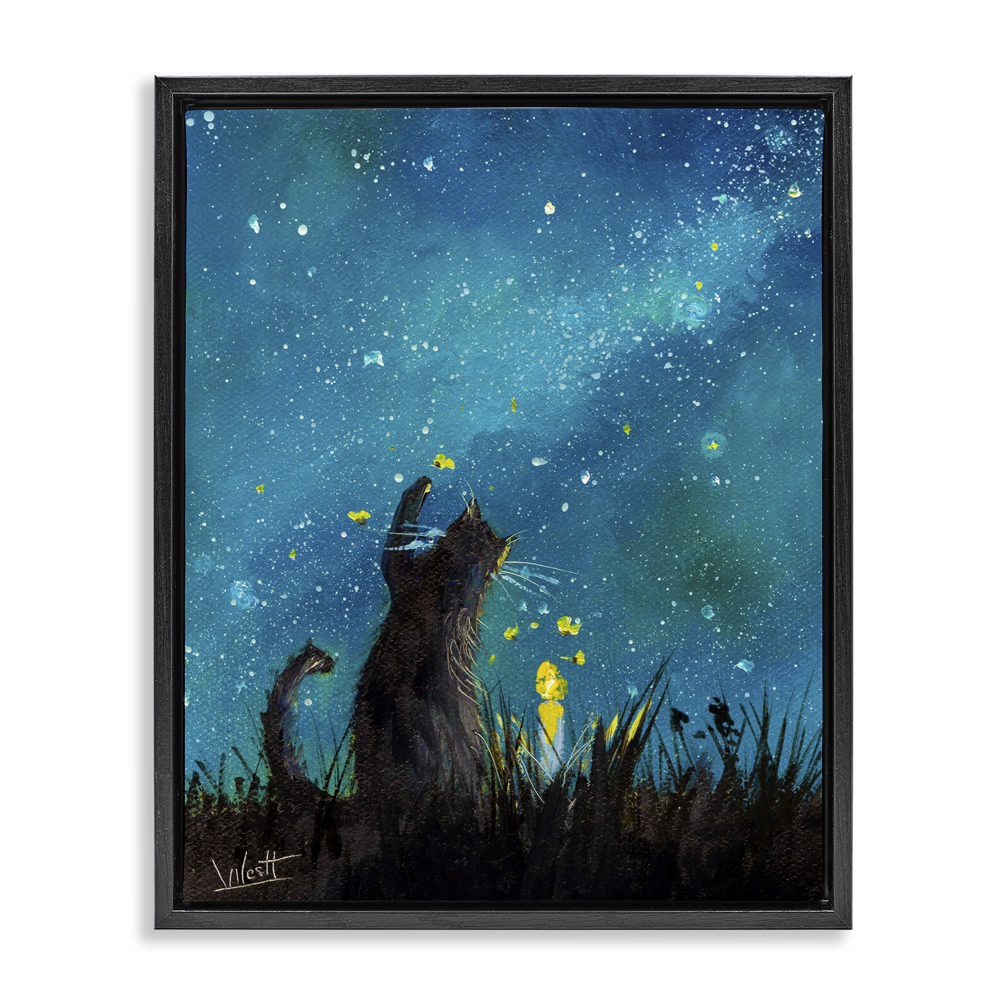 Stupell Industries Cat Playing Under Stars Astrology & Stars Painting Black Floater Framed Canvas Art Print Wall Art, 17 x 21