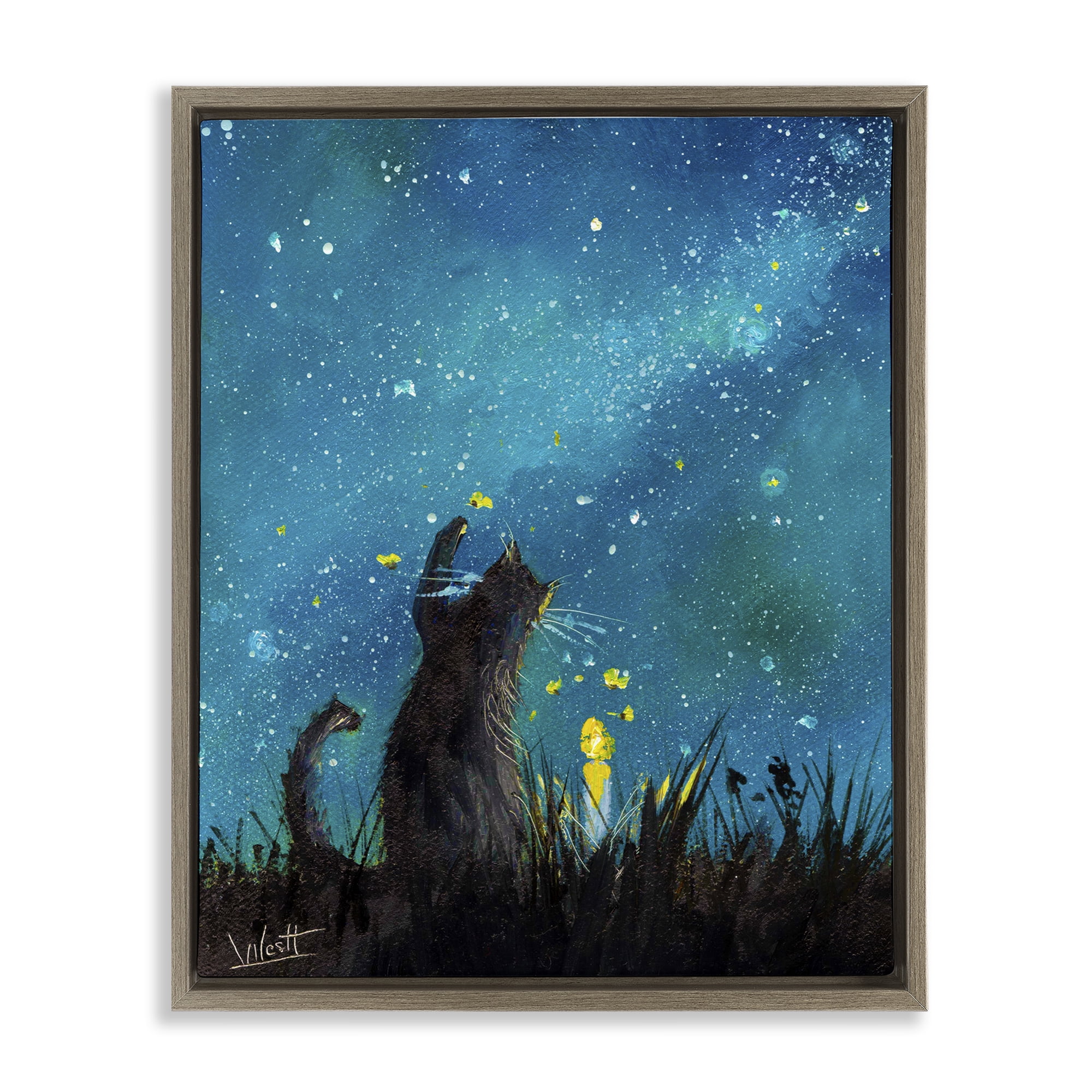 Stupell Industries Cat Playing Under Stars Astrology & Stars Painting Brown Floater Framed Canvas Art Print Wall Art, 25 x 31