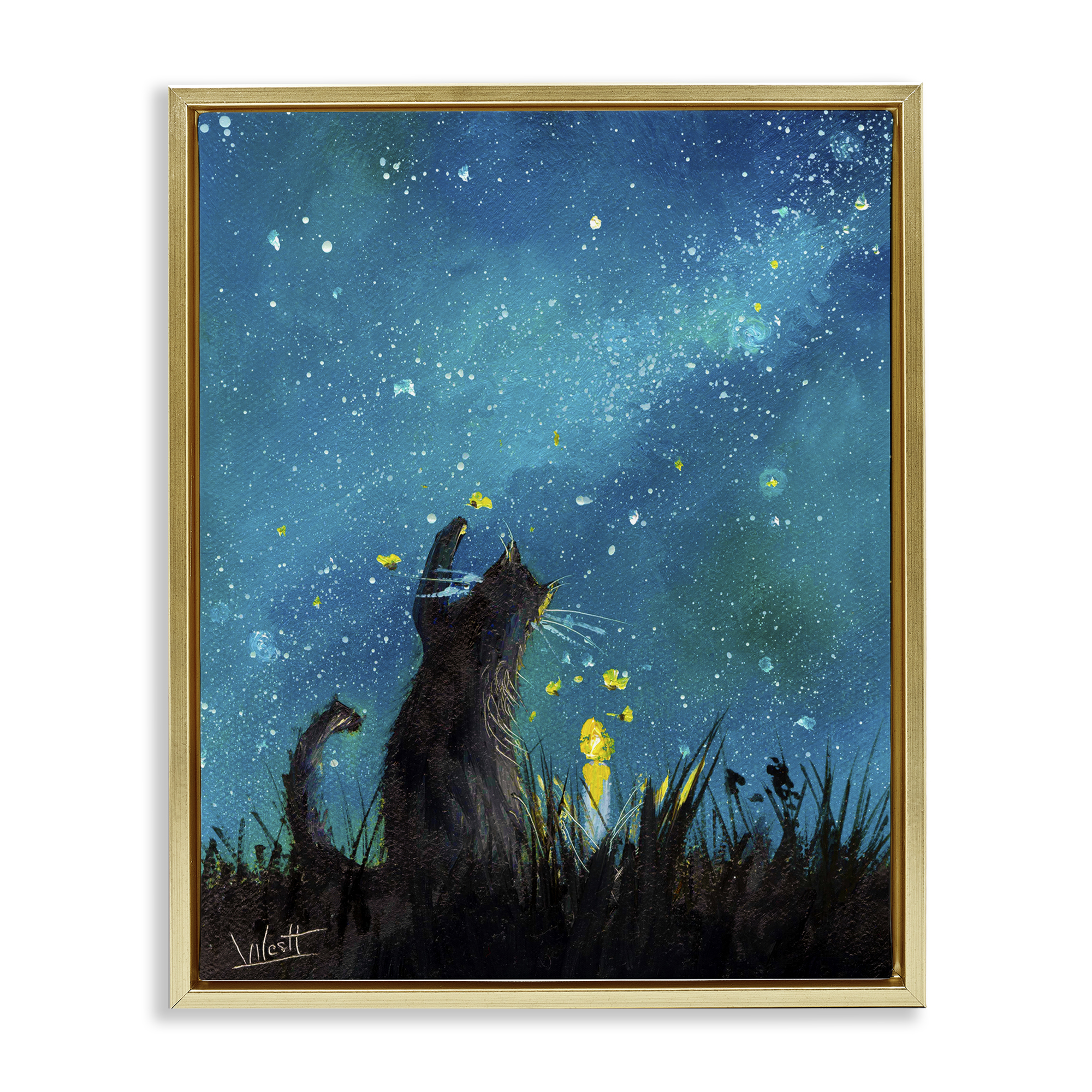 Stupell Industries Cat Playing Under Stars Astrology & Stars Painting Gold Floater Framed Canvas Art Print Wall Art, 25 x 31