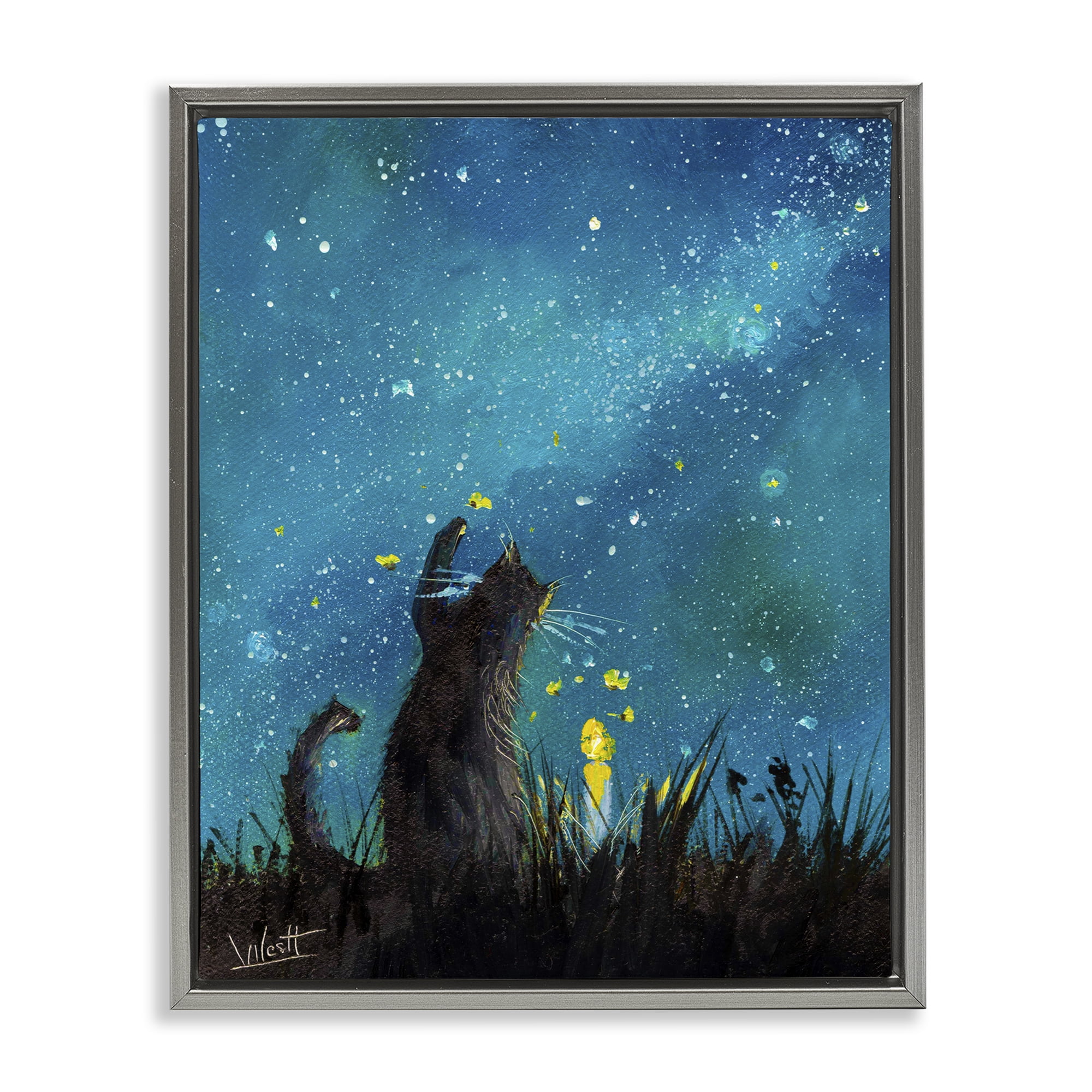 Stupell Industries Cat Playing Under Stars Astrology & Stars Painting Gray Floater Framed Canvas Art Print Wall Art, 17 x 21