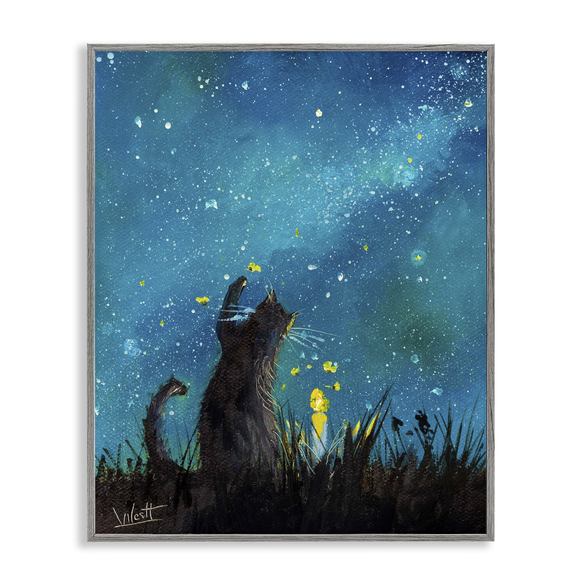 Stupell Industries Cat Playing Under Stars Astrology & Stars Painting Gray Framed Art Print Wall Art, 24 x 30