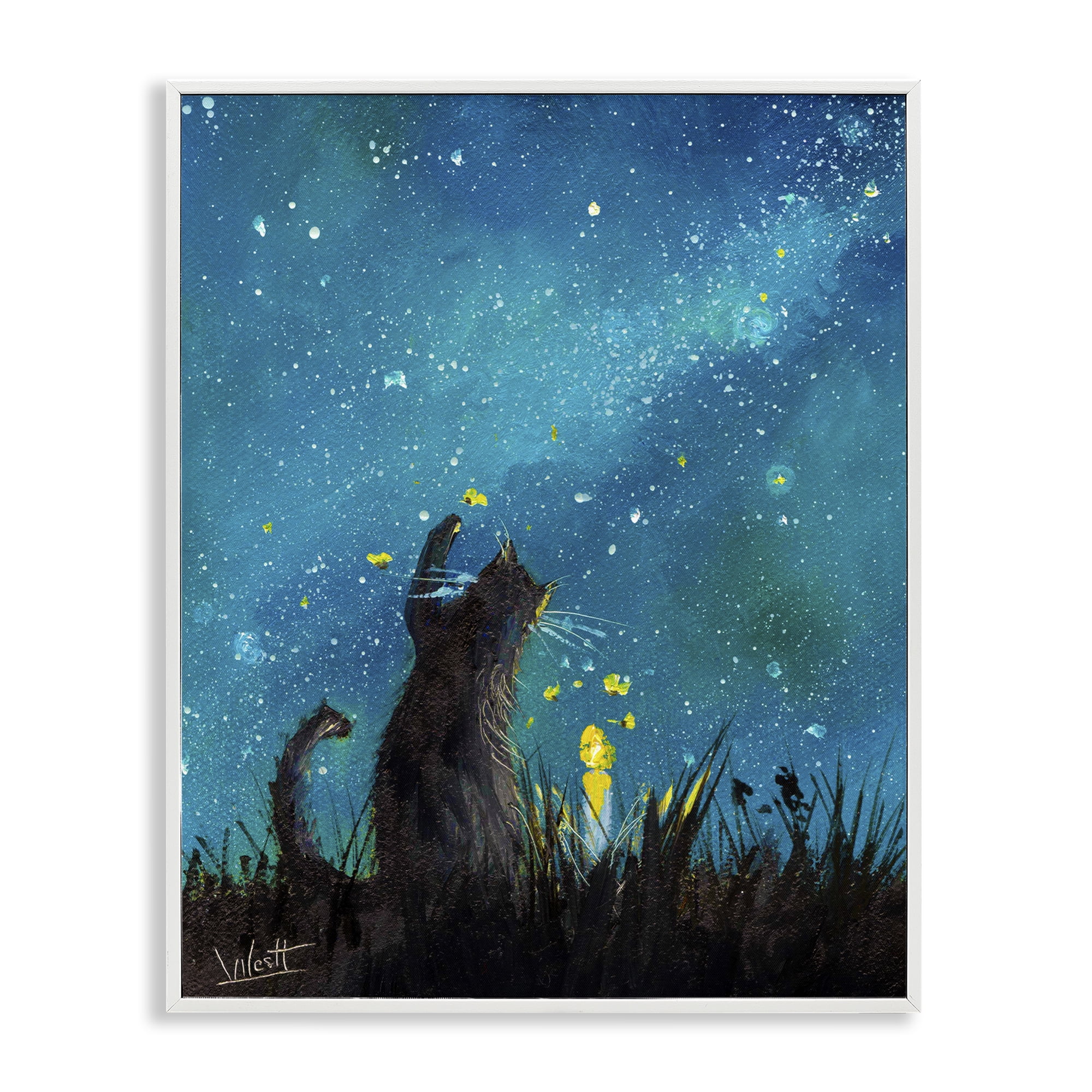 Stupell Industries Cat Playing Under Stars Astrology & Stars Painting White Framed Art Print Wall Art, 24 x 30