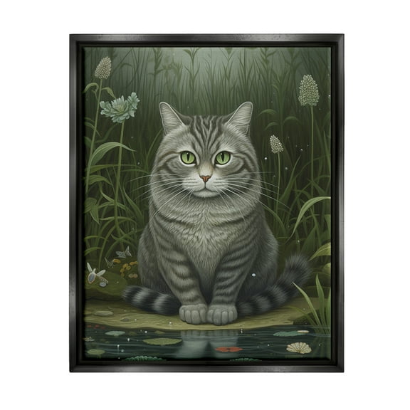 Stupell Industries Cat & Pond Lilies Animals & Insects Painting Black Floater Framed Art Print Wall Art, 17 x 21