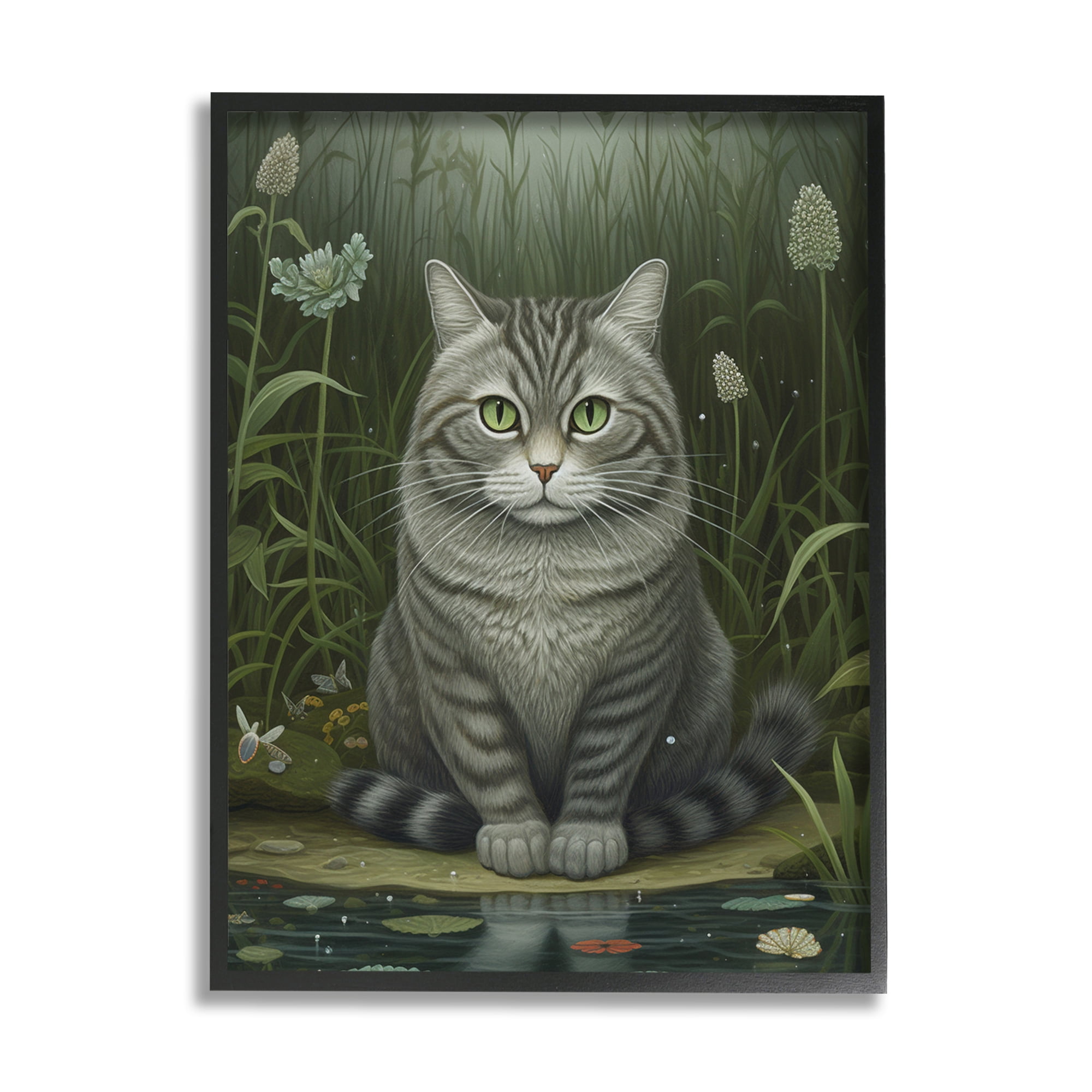 Stupell Industries Cat & Pond Lilies Animals & Insects Painting Black Framed Art Print Wall Art, 11 x 14