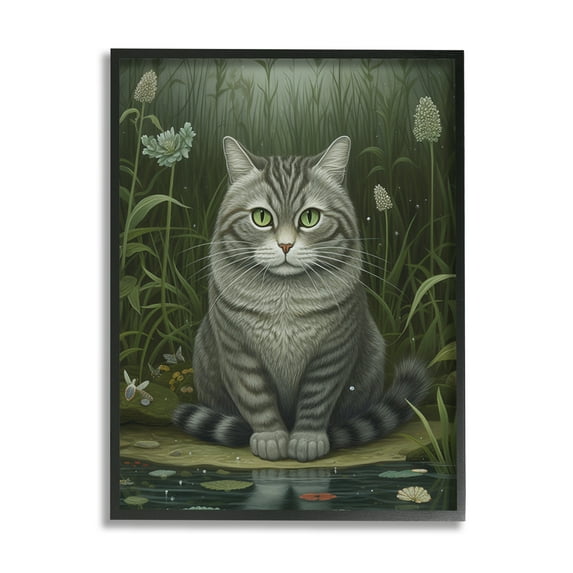 Stupell Industries Cat & Pond Lilies Animals & Insects Painting Black Framed Art Print Wall Art, 16 x 20