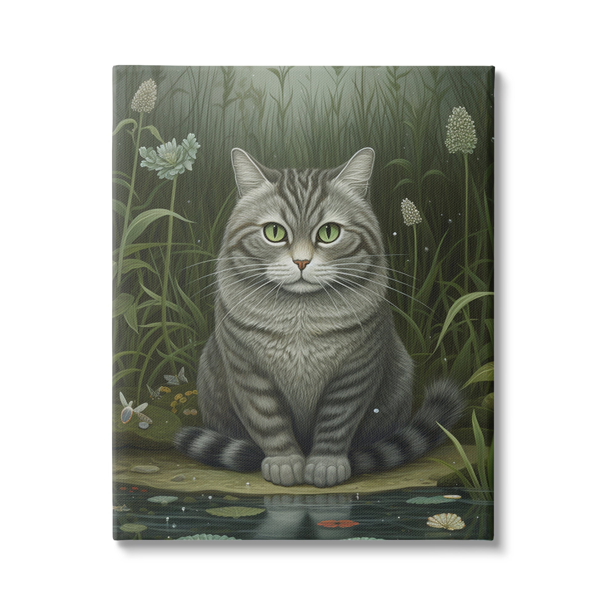 Stupell Industries Cat & Pond Lilies Animals & Insects Painting Gallery Wrapped Canvas Print Wall Art, 36 x 48