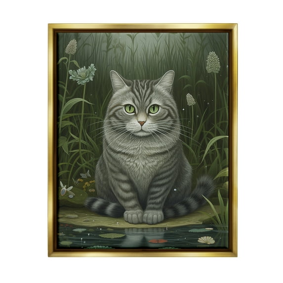 Stupell Industries Cat & Pond Lilies Animals & Insects Painting Gold Floater Framed Art Print Wall Art, 17 x 21