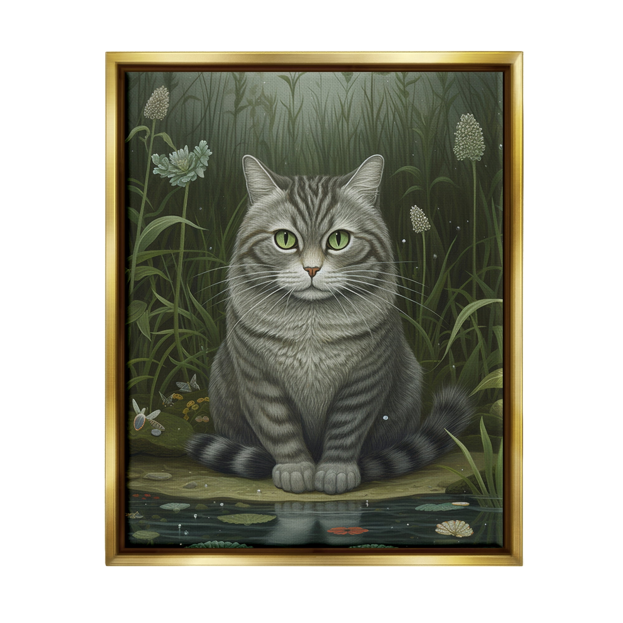 Stupell Industries Cat & Pond Lilies Animals & Insects Painting Gold Floater Framed Art Print Wall Art, 25 x 31