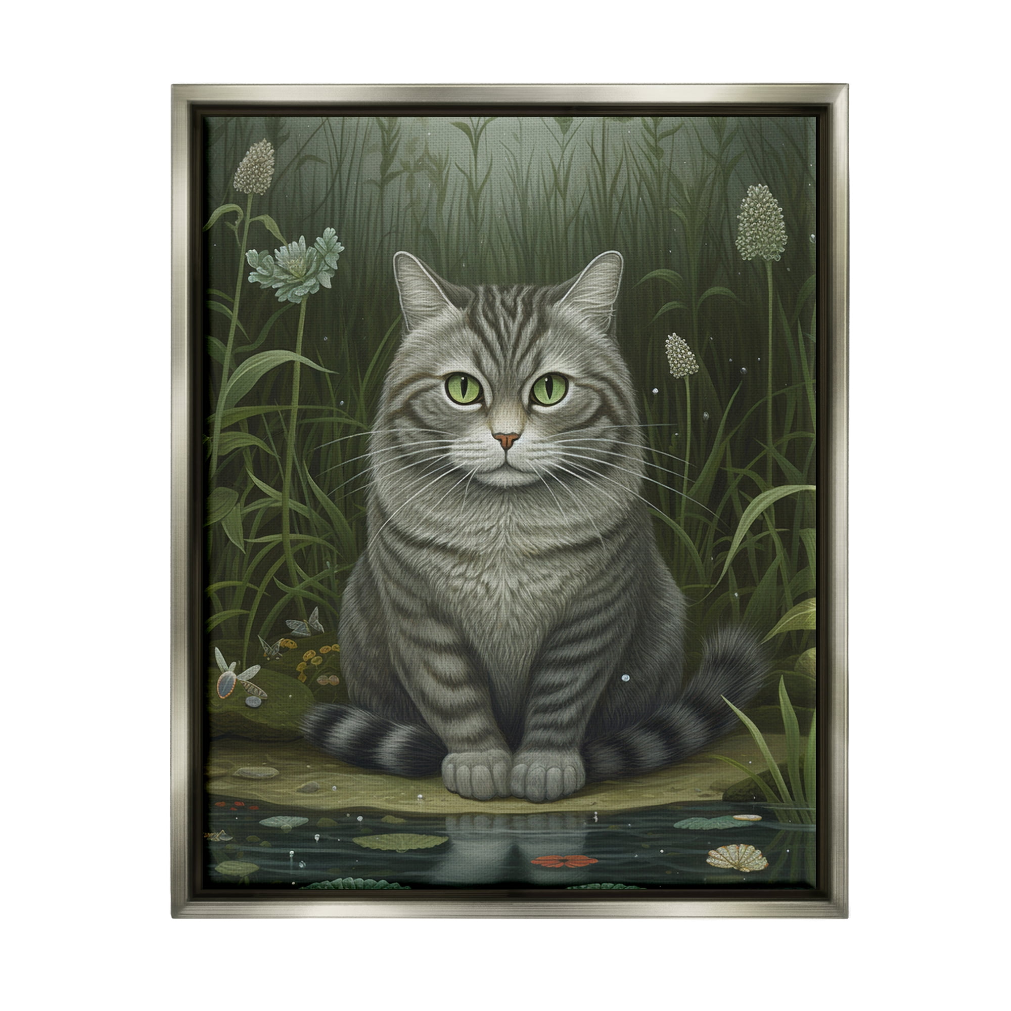 Stupell Industries Cat & Pond Lilies Animals & Insects Painting Gray Floater Framed Art Print Wall Art, 25 x 31