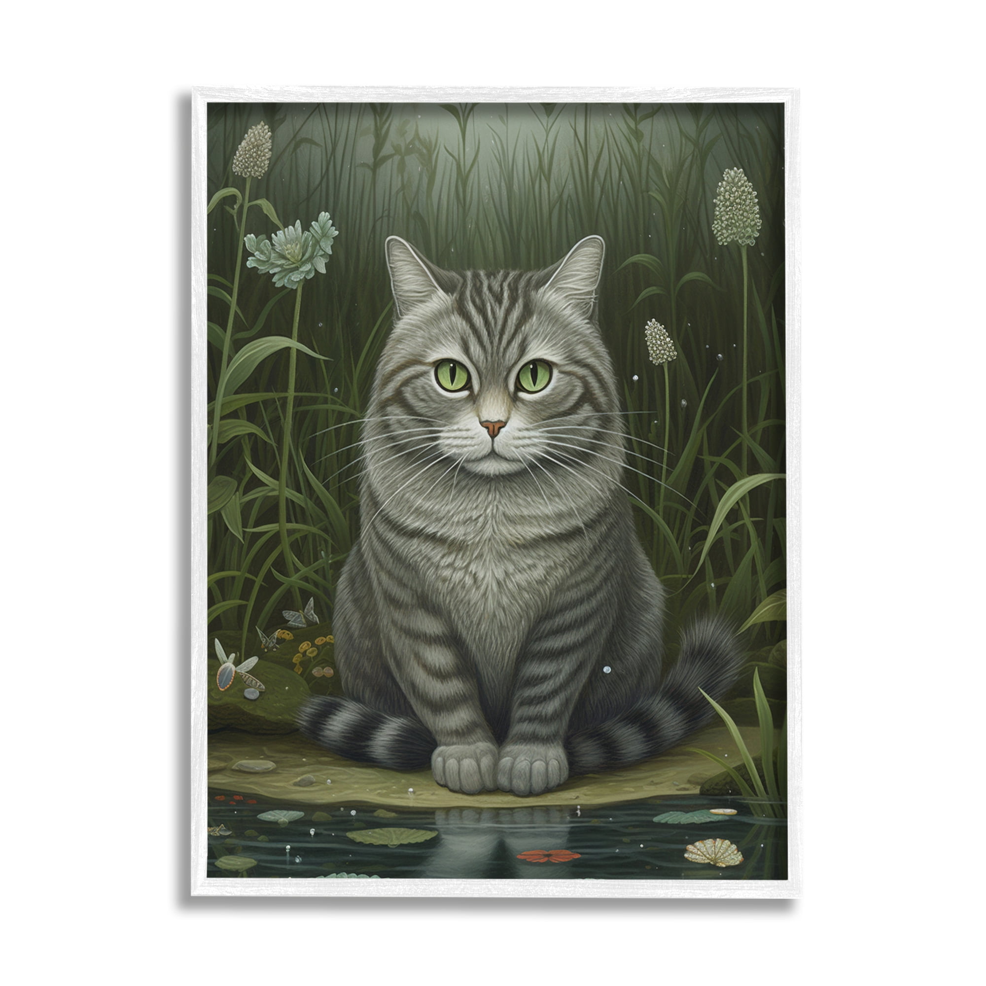 Stupell Industries Cat & Pond Lilies Animals & Insects Painting White Framed Art Print Wall Art, 16 x 20