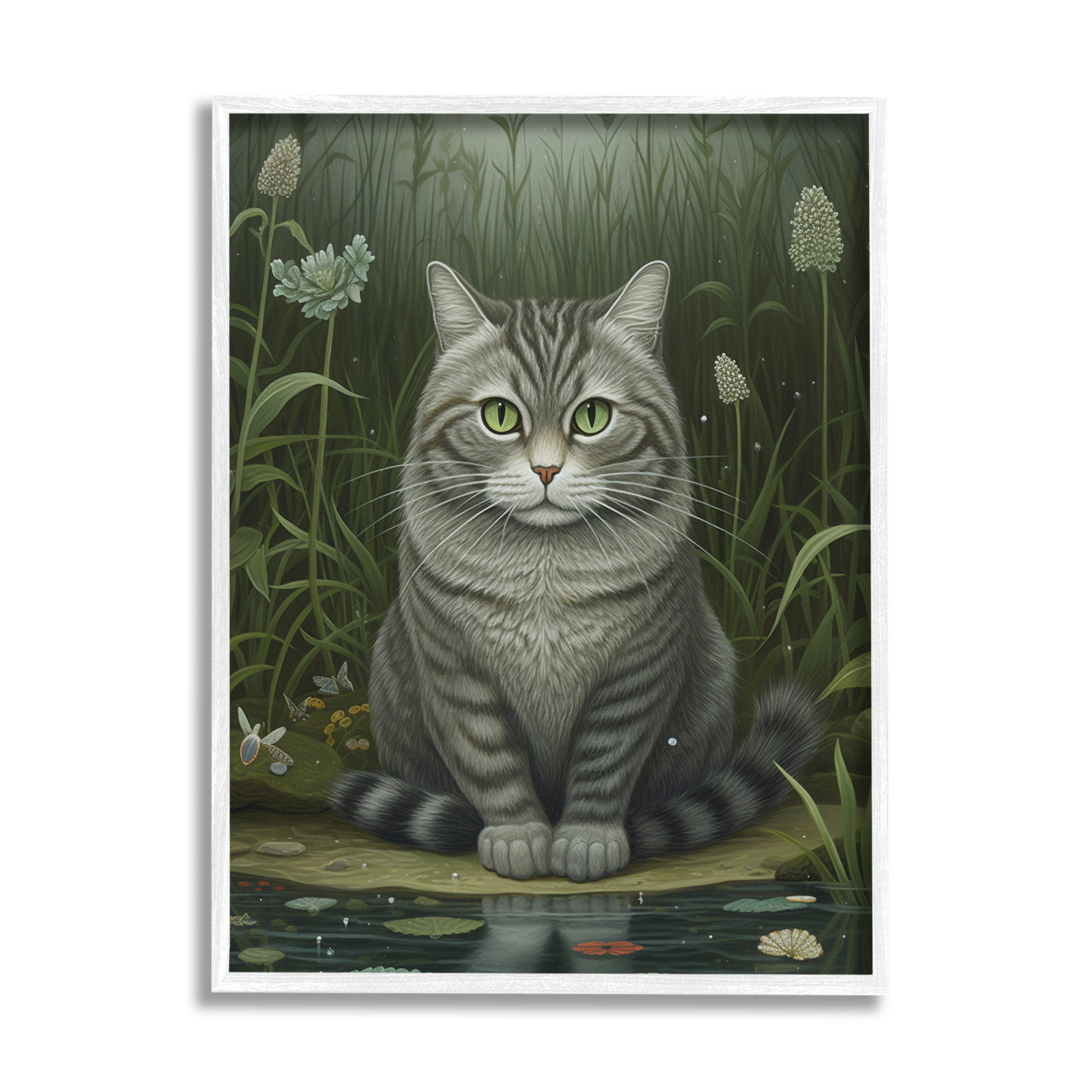 Stupell Industries Cat & Pond Lilies Animals & Insects Painting White Framed Art Print Wall Art, 24 x 30