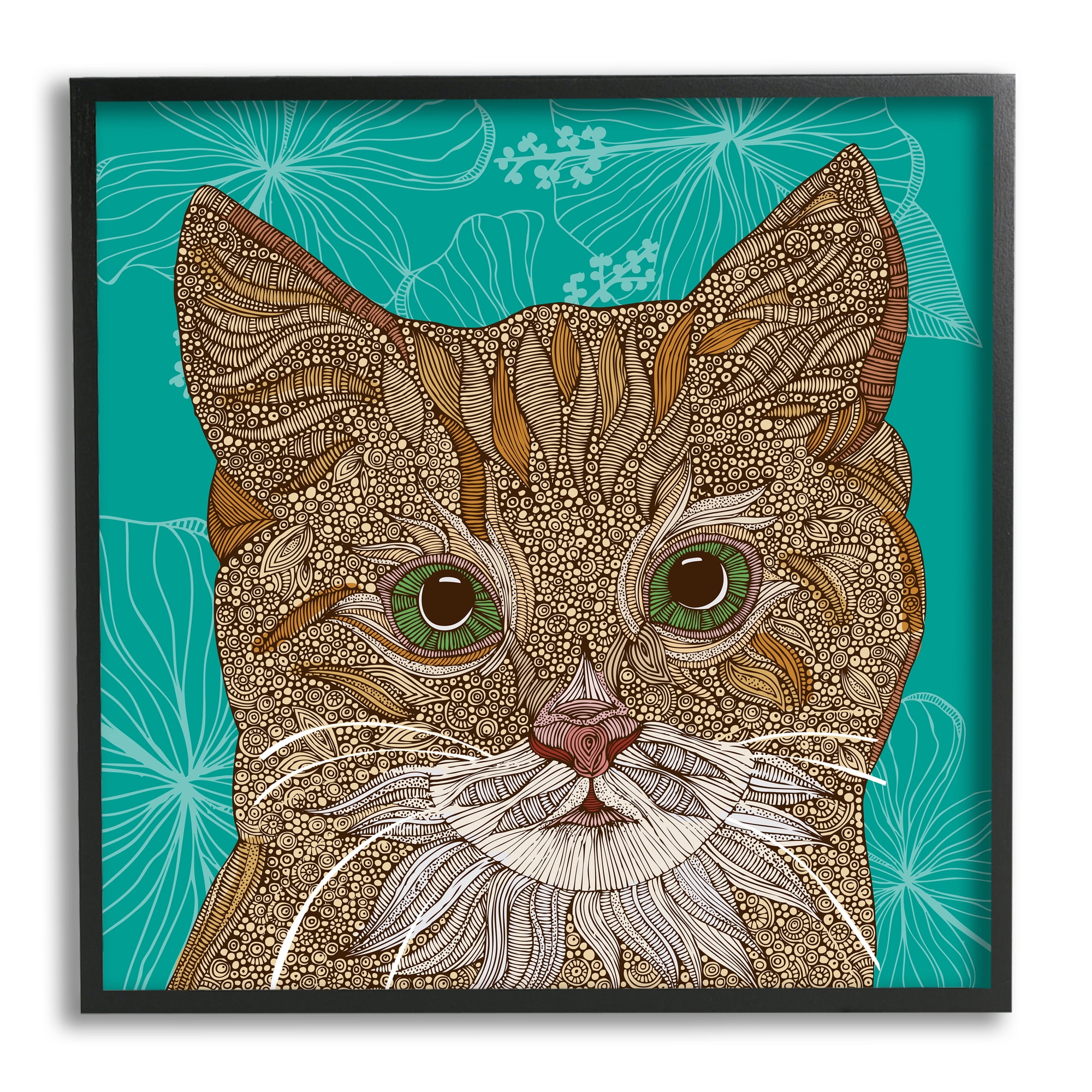 Stupell Industries Cat Portrait Hibiscus Botanicals Abstract Fractal Designs Graphic Art Black Framed Art Print Wall Art, Design by Valentina Harper