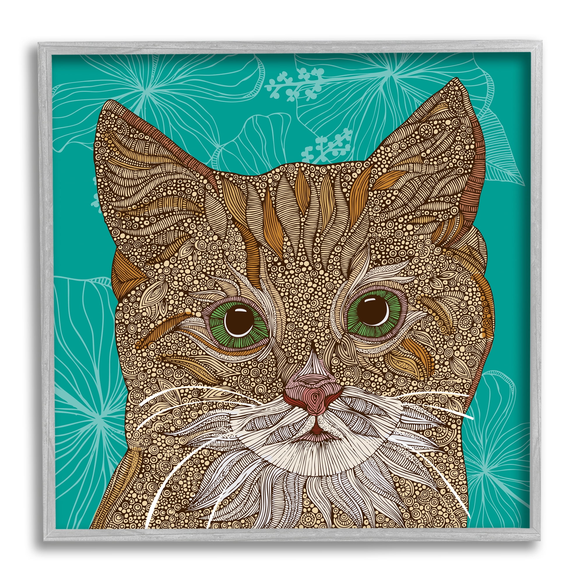 Stupell Industries Cat Portrait Hibiscus Botanicals Abstract Fractal Designs Graphic Art Gray Framed Art Print Wall Art, Design by Valentina Harper