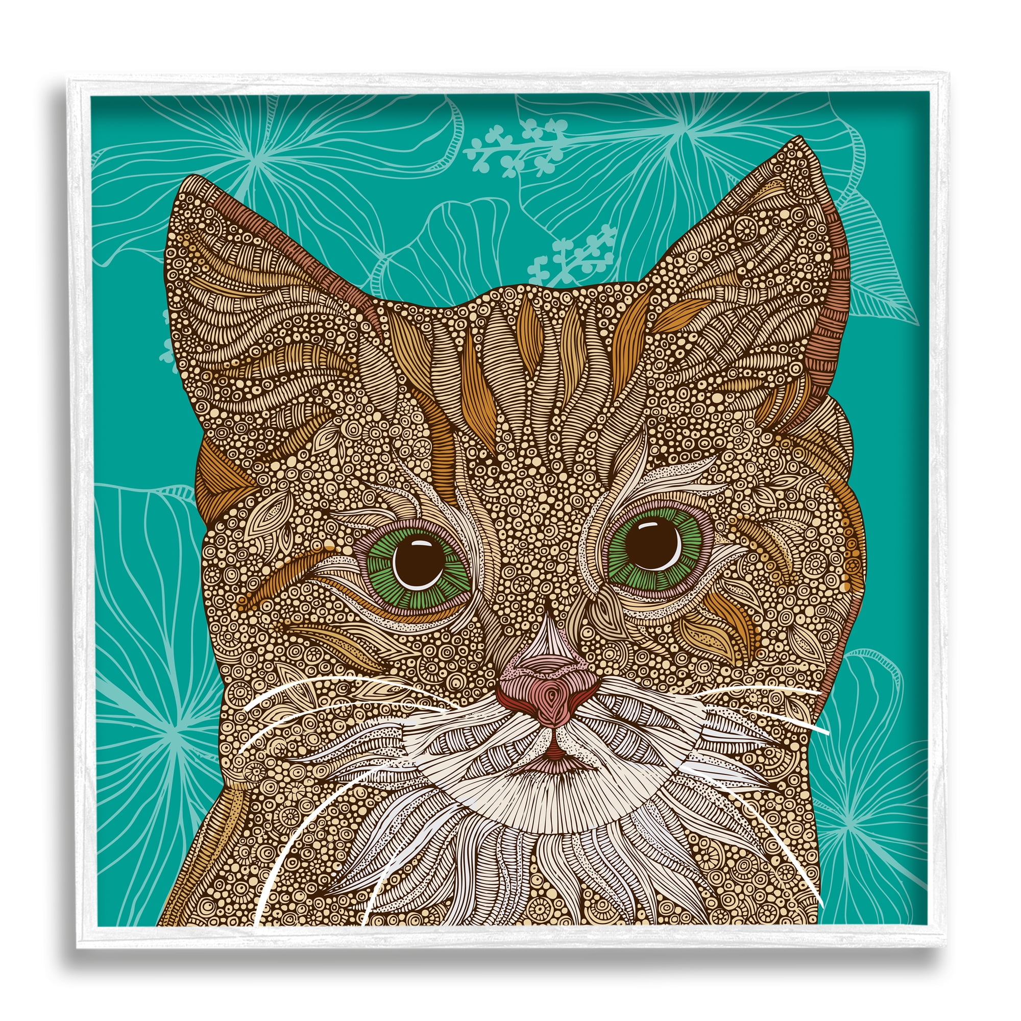 Stupell Industries Cat Portrait Hibiscus Botanicals Abstract Fractal Designs Graphic Art White Framed Art Print Wall Art, Design by Valentina Harper