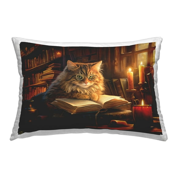 Stupell Industries Cat Reading Cozy Library Decorative Printed Throw Pillow Design by Michael David Ward