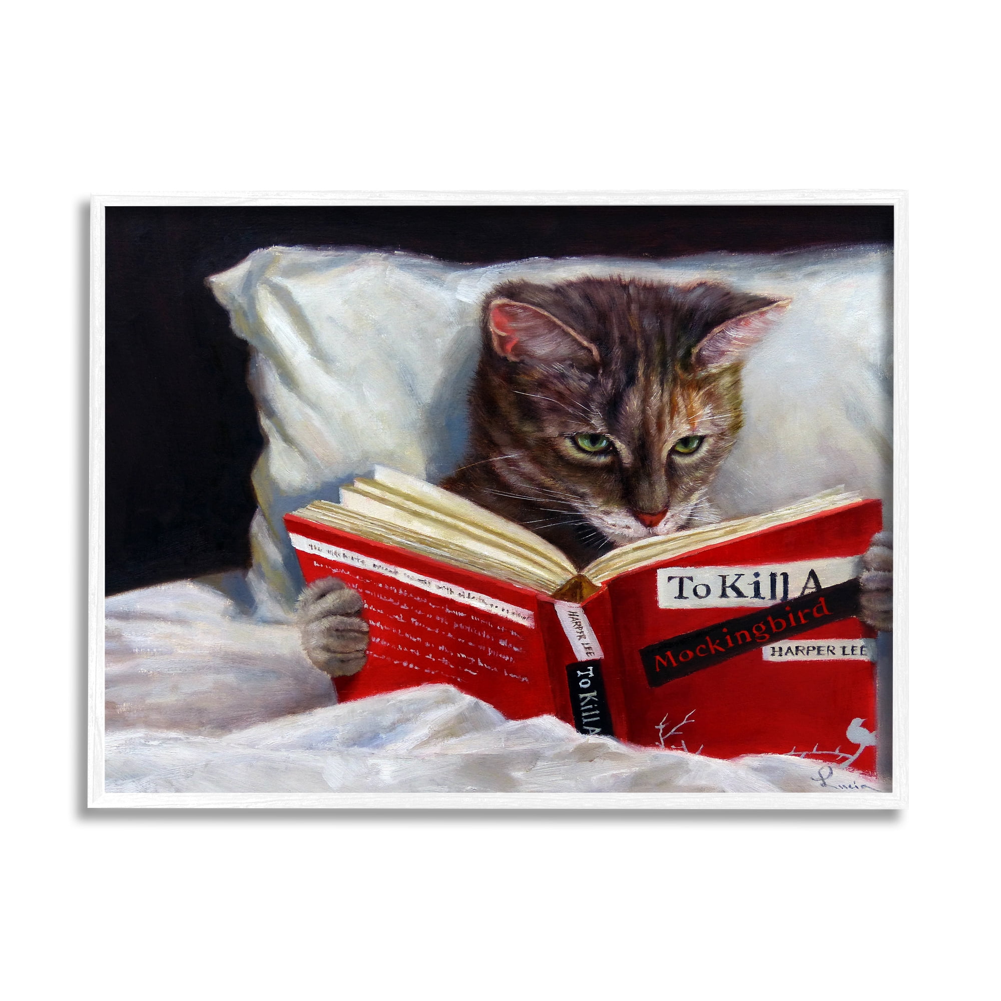 Stupell Industries Cat Reading a Book in Bed Funny Painting, 24 x 30,Design by Lucia Heffernan