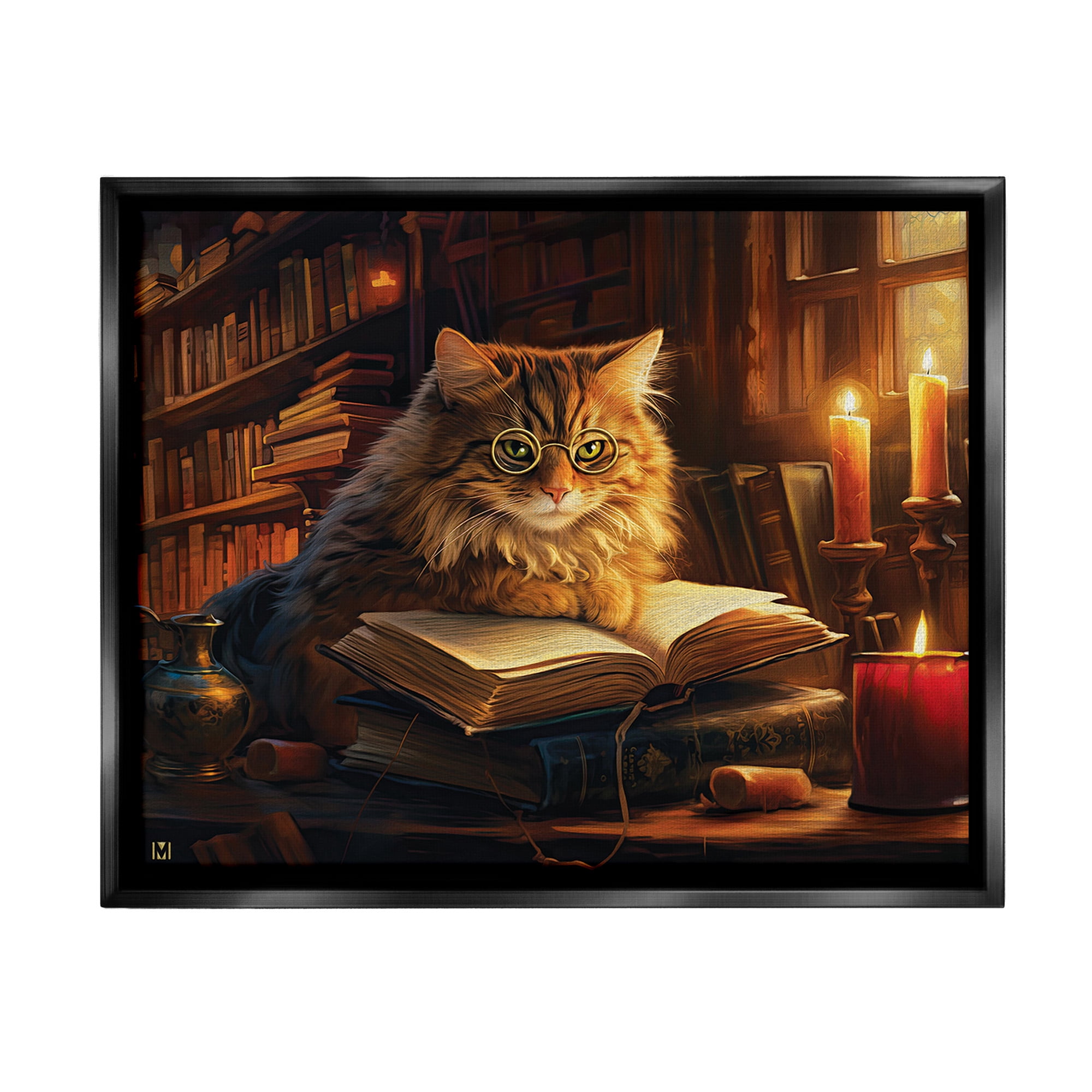 Stupell Industries Cat Reading by Candlelight Animals & Insects Painting Black Floater Framed Canvas Art Print Wall Art, 31 x 25
