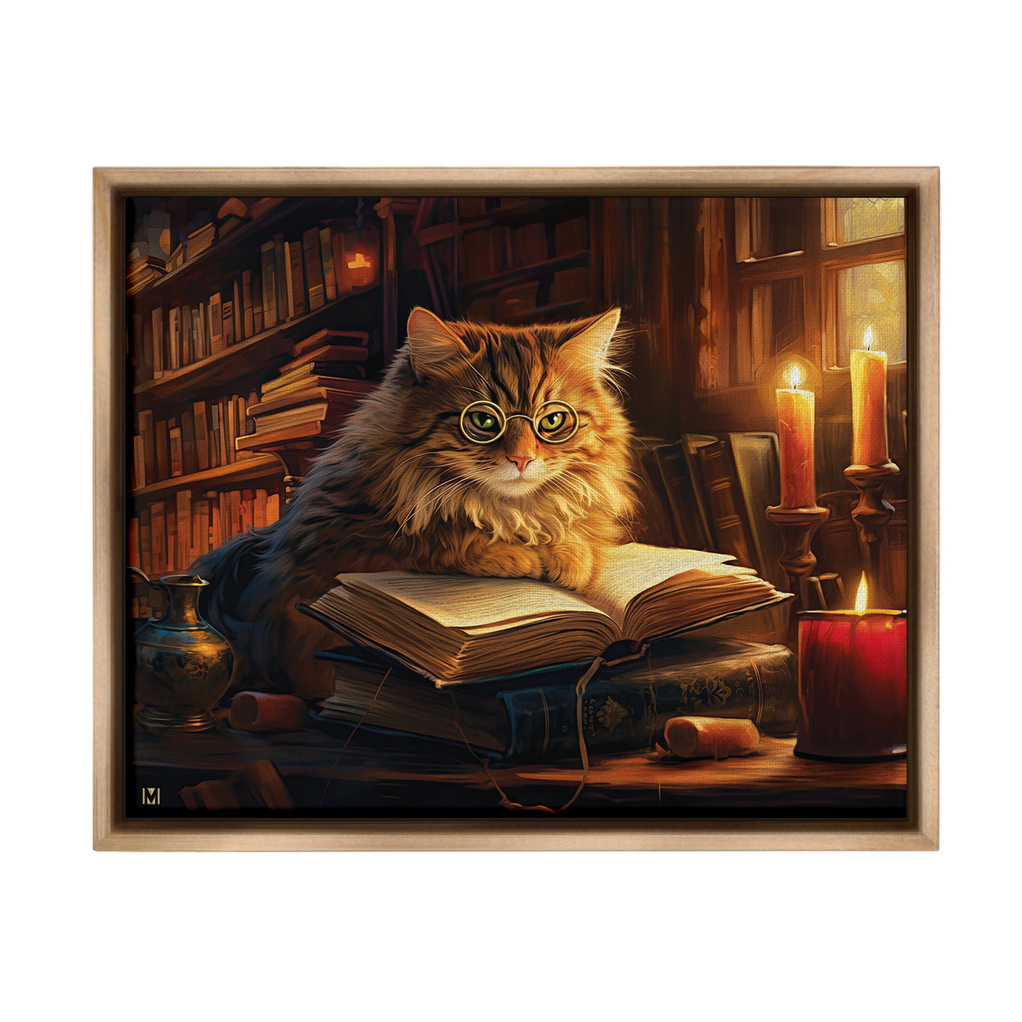 Stupell Industries Cat Reading by Candlelight Animals & Insects Painting Brown Floater Framed Canvas Art Print Wall Art, 21 x 17