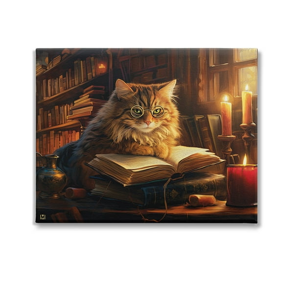 Stupell Industries Cat Reading by Candlelight Animals & Insects Painting Gallery Wrapped Canvas Art Print Wall Art, 20 x 16